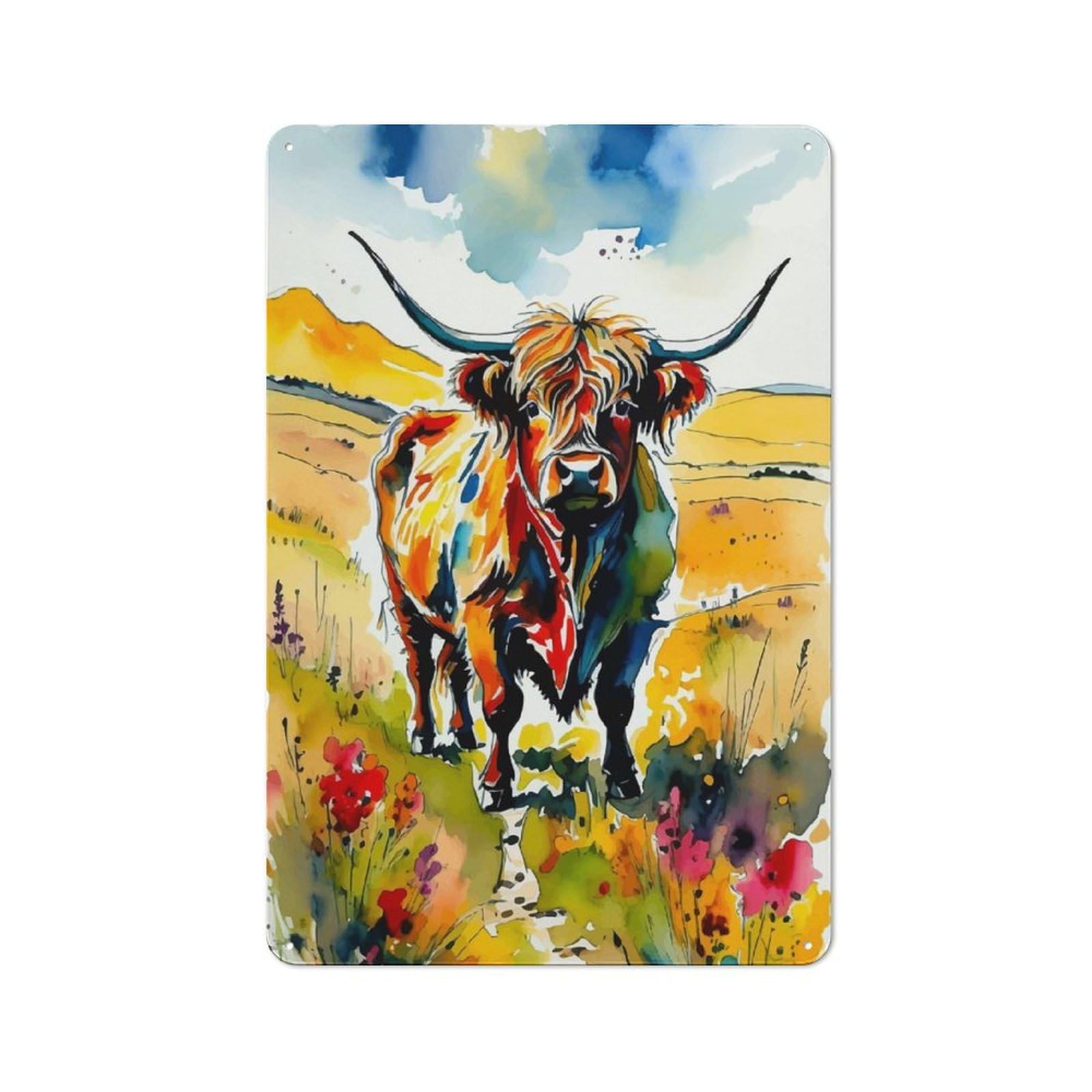 Junmoney Highland Cow Watercolor Vintage Tin Sign 30X20cm Featuring Industrial Wall Art For Garage, Workshop, Shed Or Utility Room