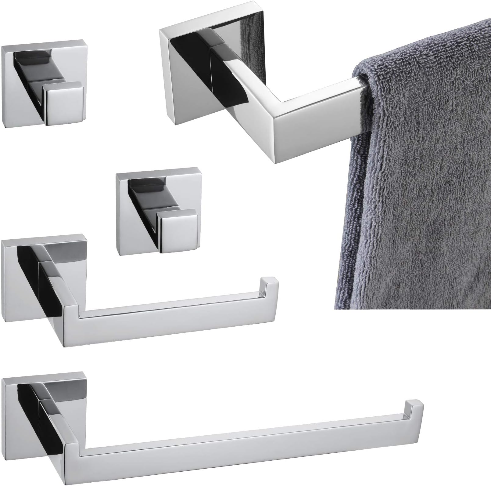 KOKOSIRI 5 Pieces Bathroom Hardware Set, Glossy Stainless Steel Towel Bars + Toilet Paper Holder + Robe Hook, Wall Mount, Polished Finish, B05A5-CH