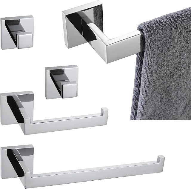KOKOSIRI 5 Pieces Bathroom Hardware Set, Glossy Stainless Steel Towel Bars + Toilet Paper Holder + Robe Hook, Wall Mount, Polished Finish, B05A5-CH