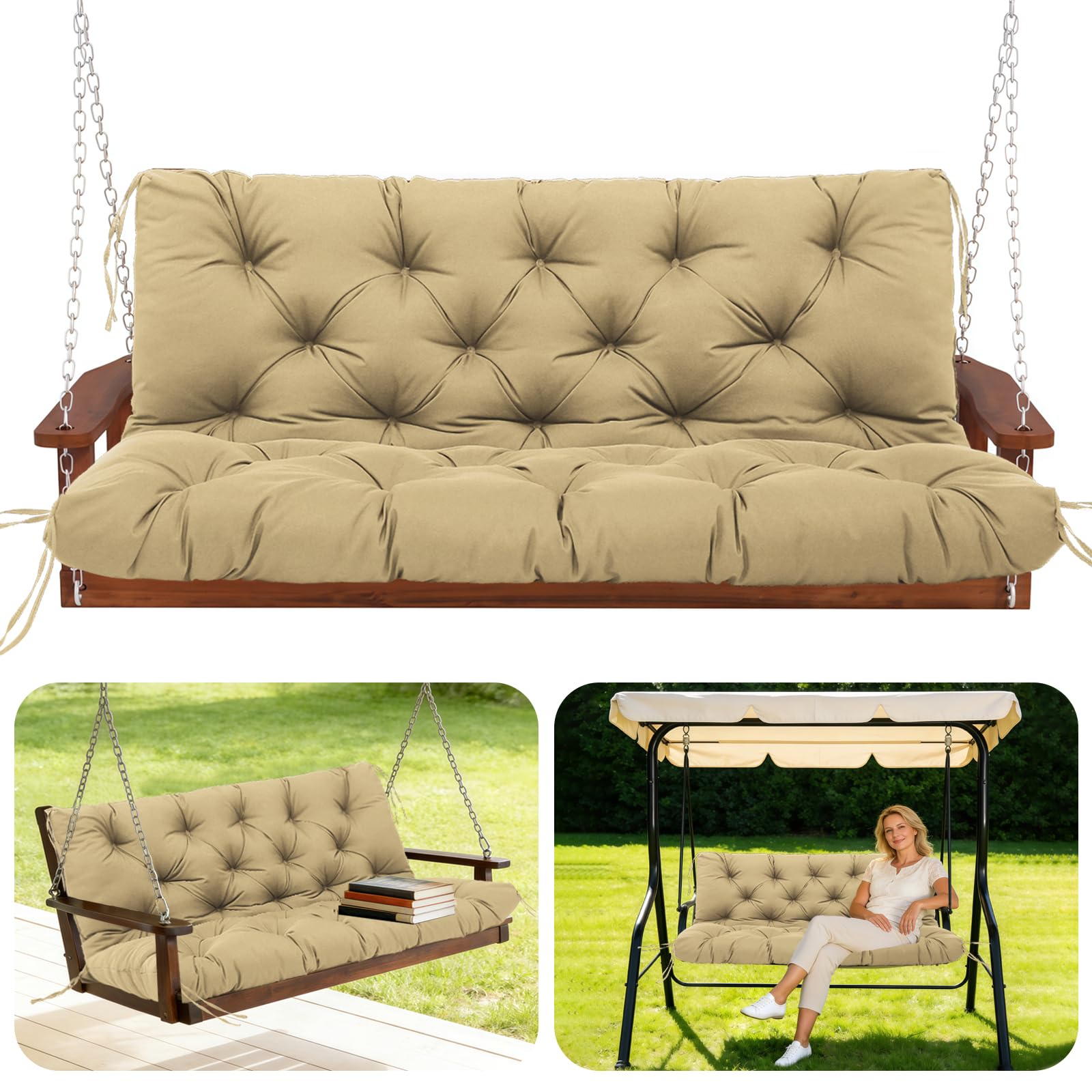 GHDM Garden Bench Cushion Thick 12cm Swing Cushions 2 Seater with Backrest and Tie 120cm Waterproof Swing Seat Cushions Replacement for Outdoor Furniture Patio Porch Lawn Backyard(Khaki)