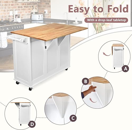 Miniatura 5 de LOKO Carrito de isla de cocina con hoja caída, isla de cocina rodante sobre ruedas con encimera de madera de goma, toallero, cajones, isla de cocina