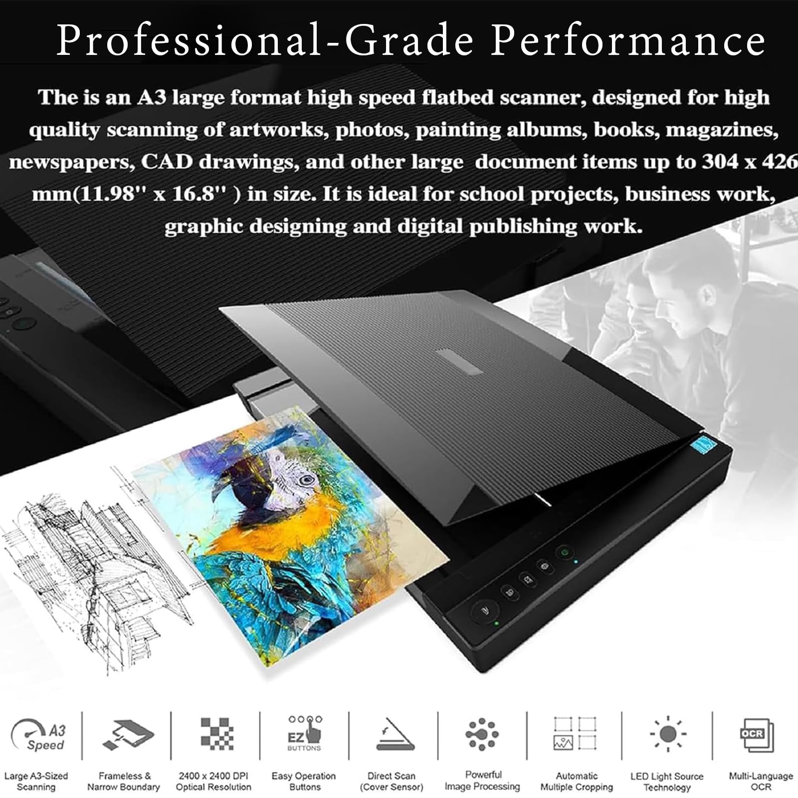 Scanner à plat, haute résolution 2400 DPI, numérisation rapide en 8s, couvercle à numérisation automatique, PDF à une touche pour illustrations, documents de bureau et de bibliothèque