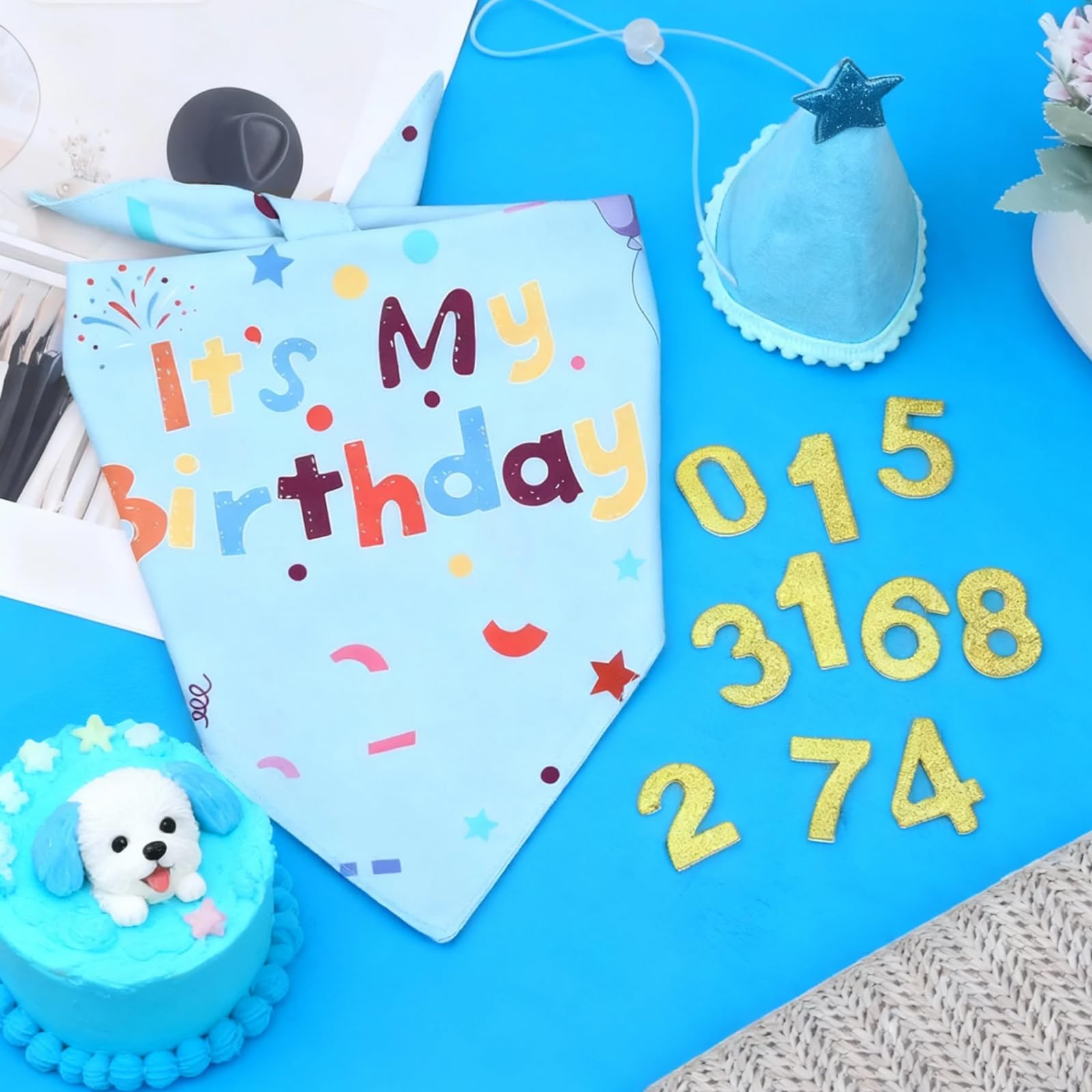 Cappello per Cani Compleanno con Bandana, 8 Numeri Bling Adesivi, Decorazioni Festa Cane 3 Pezzi