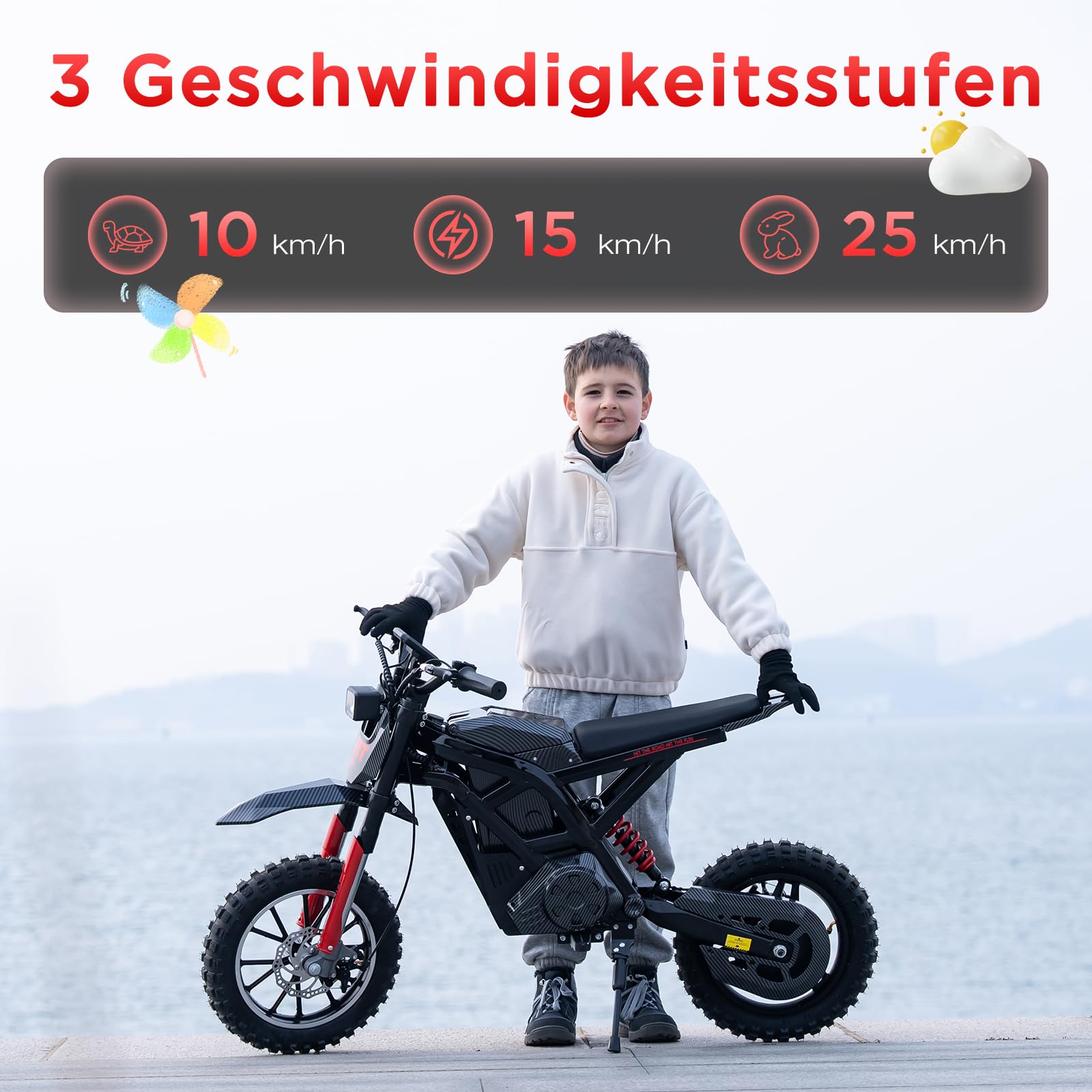 HITWAY Elektro Motorrad Kinder, Elektromotorrad mit 36V 10.4Ah Batterie, 10/15/25 KMH Geschwindigkeitsmodus, 30-45 km Reichweite, 14 Zoll Luftreifen, doppelte Stoßdämpfung, Motorrad für 8+Jährige