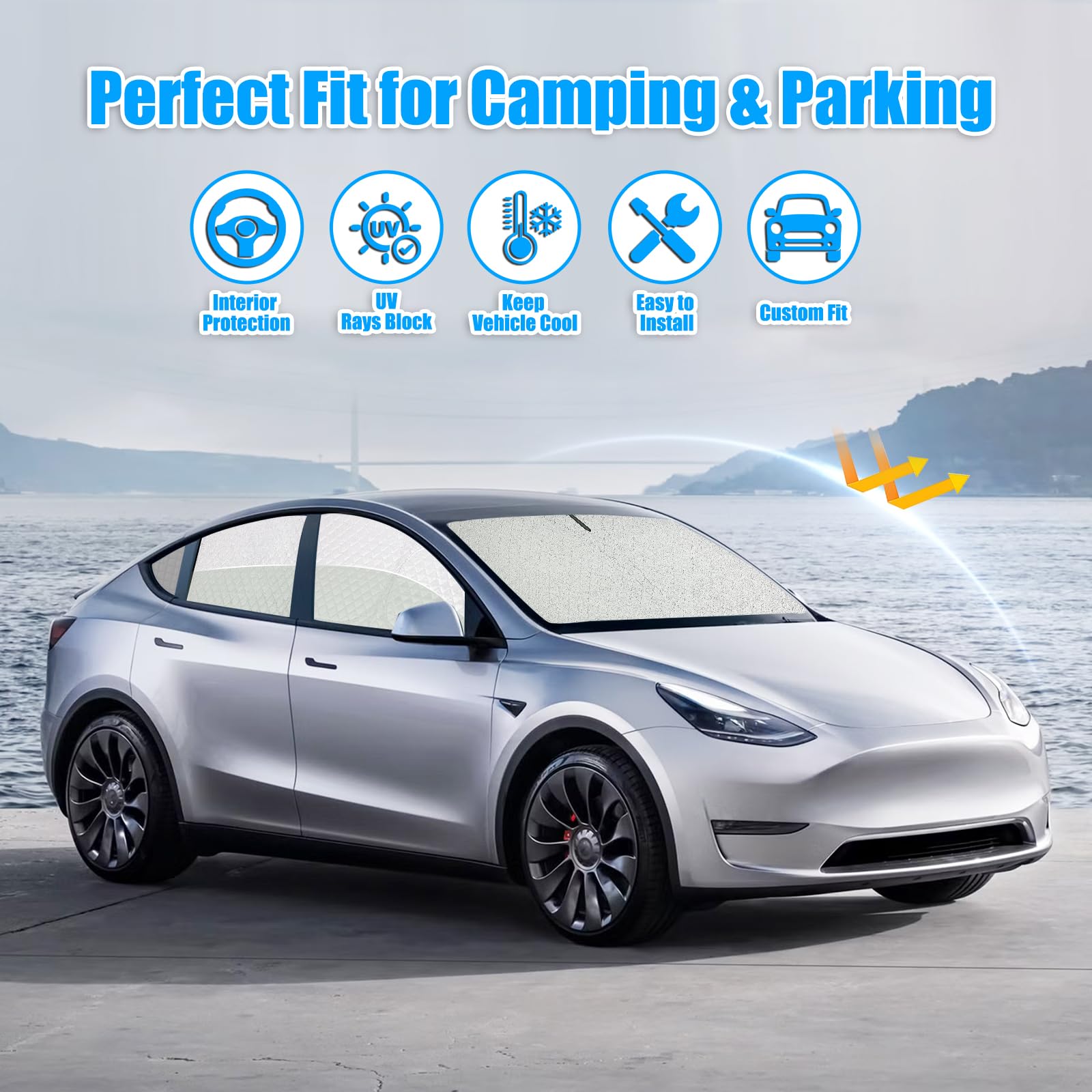 Auto Sonnenschutz Frontscheibe Seitenscheibe für Tesla Model Y 2019-2024, Windschutzscheibe Heckscheibe Sonnenschutz Fenster Verdunkelung Sichtschutz Vorhang Hitzeschutz Camping