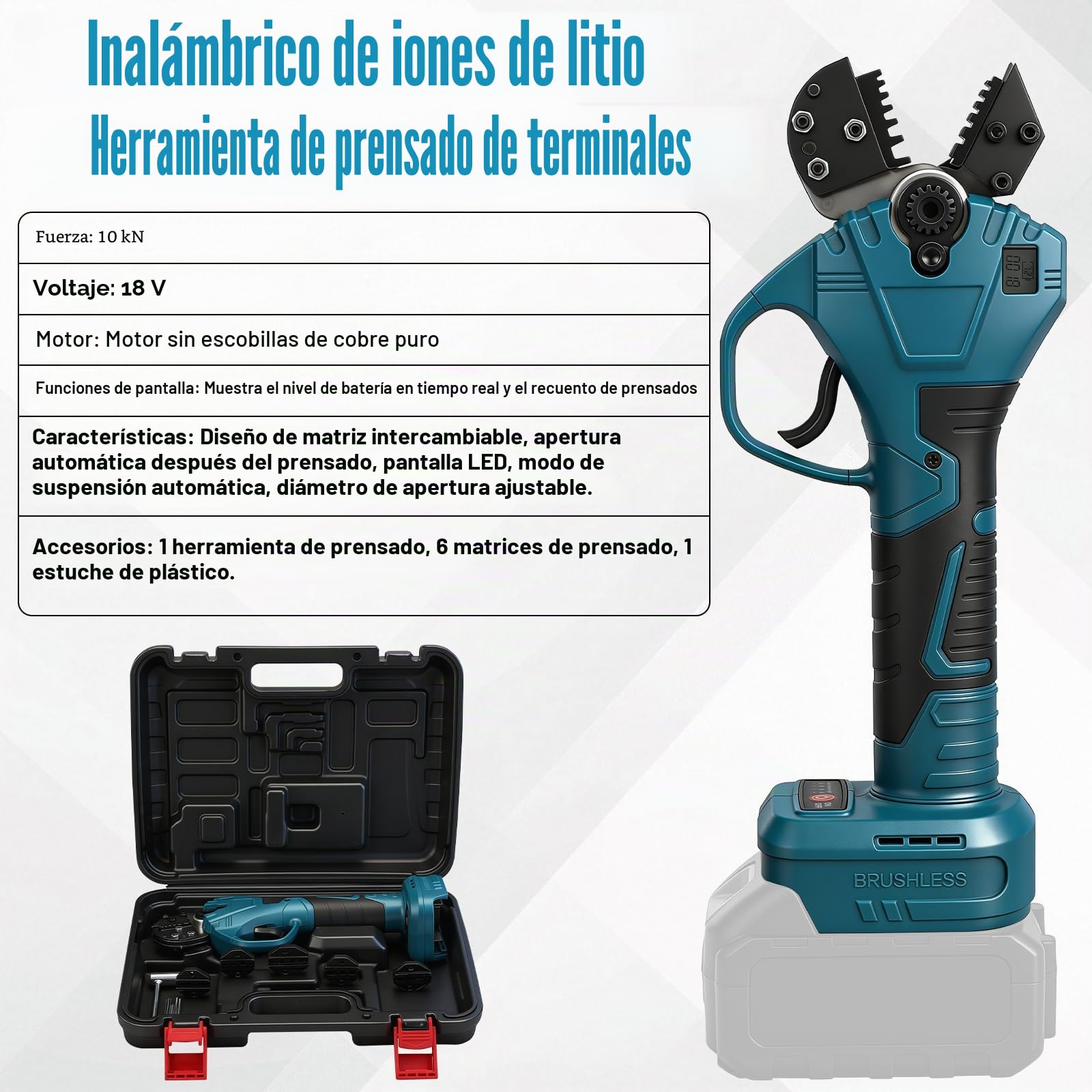 Alicates Crimpadores para Terminales Compatible con Makita 18V, Crimpadora con Moldes, Pelacables 0,5–16 mm² y Pantalla LED Digital (Sin Batería ni Cargador)