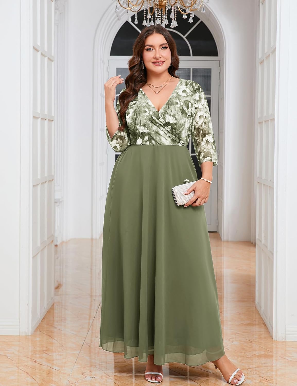 ZOMVA Plus Size Maxi Formal Dress Lace Chiffon Floral V-Neck Wrap Wedding Guest Evening Gown Cocktail Prom 3/4 Sleeves - Image 3