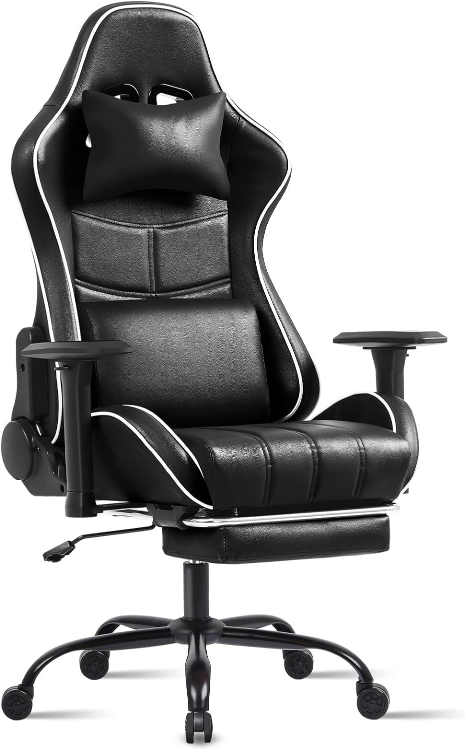 Sillas Gaming con Reposapies, Silla Gamer Adulto con Respaldo Lumbar, Silla Escritorio Gaming Ajustable en Altura, Silla Ordenador en Piel Sintética (Gama Alta, Negro)