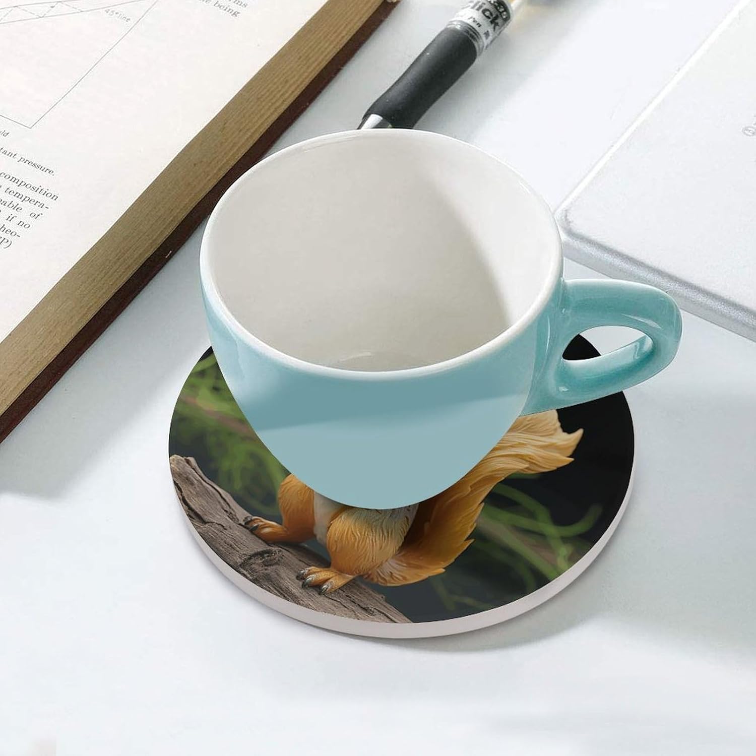 6PCS Resin Squirrel Coasters Non-Slip Round Drink Coasters with Ceramic Stone and Cork Base, Heat Resistant Absorbent 33.00Stone Coaster Set for Kinds of Mugs and Cups, 4 Inch