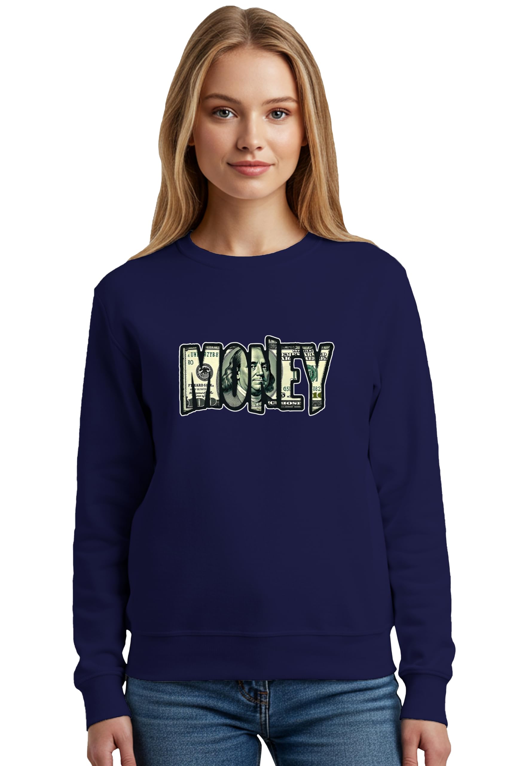 Sweatshirts for Women Money Printed Cotton Blend Long Sleeve Round Neck Regular Fit Casual Gen Z Winter Sweatshirt-image-34