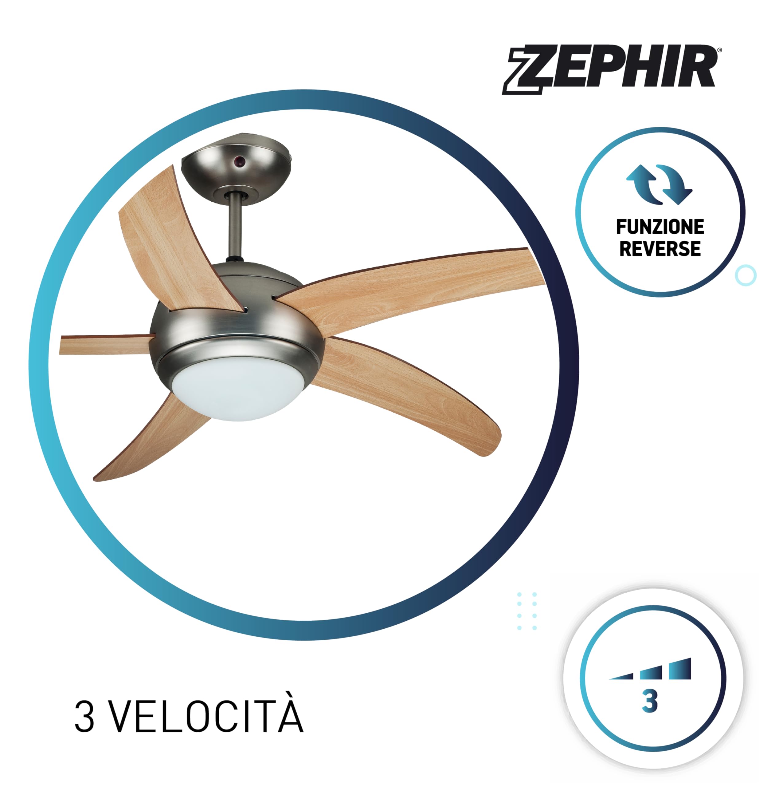 Zephir, Ventilatore da Soffitto, 5 Pale in Legno, Ventilatore con Luce, diametro 132 cm (Ricondizionato)