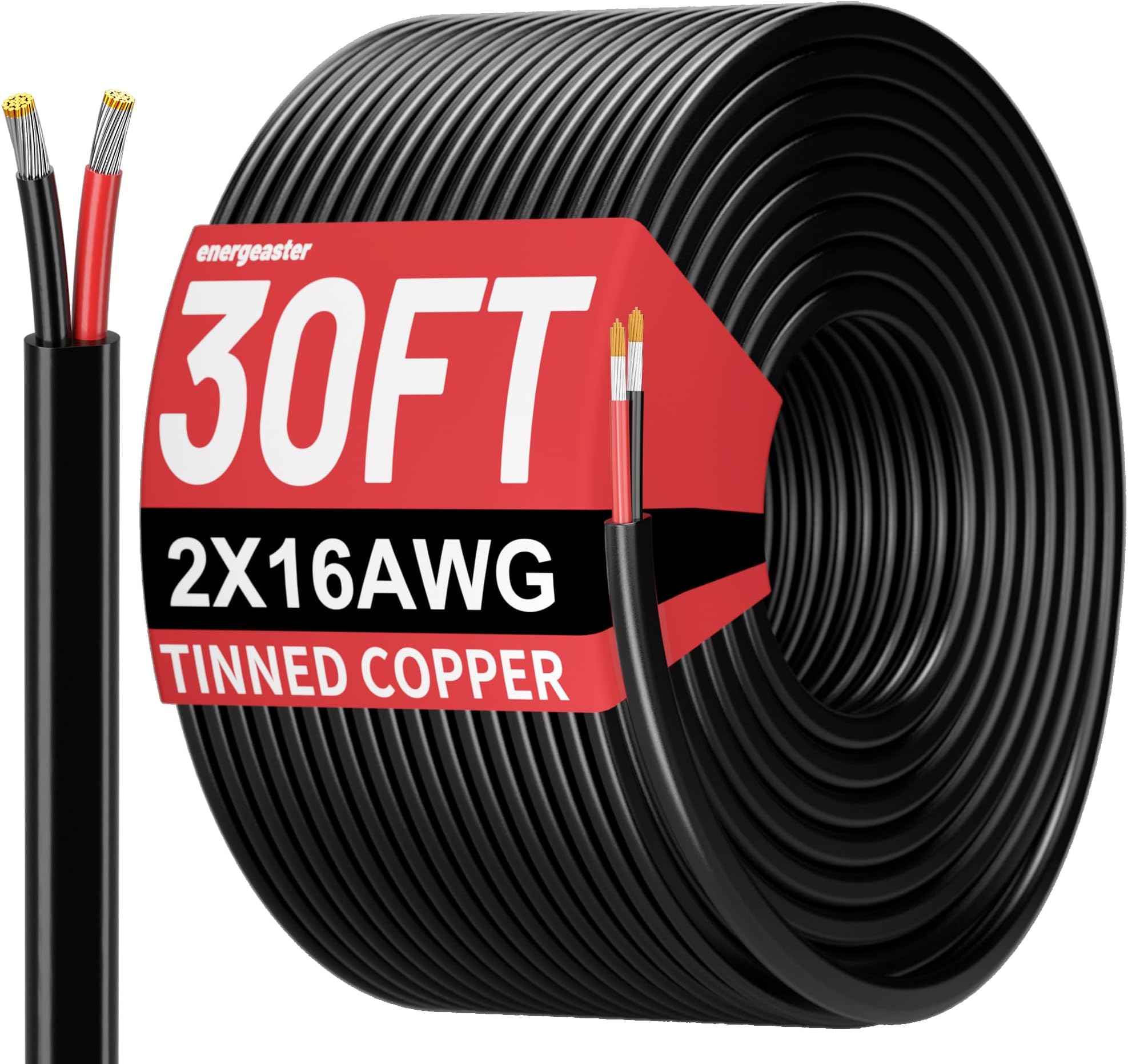 30FT 16 Gauge Wire 2 Conductor Electrical Wire, 16 AWG Cable Stranded PVC, 12V Low Voltage Tinned Copper Flexible 16/2 for Automotive Wire LED Strips Lamp Lighting Marine