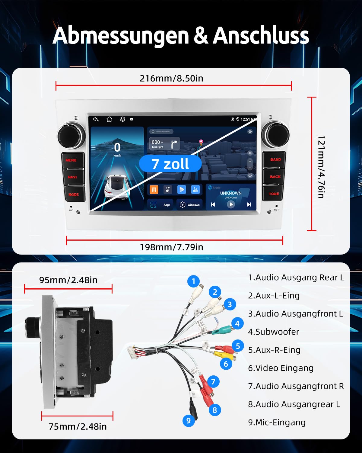 ESSGOO 4+64G Wireless Autoradio Android 15 mit Carplay und Android Auto Für Opel Astra H Corsa C/D Vectra C Zafira 7 Zoll IPS Touchscreen Bluetooth FM RDS GPS Silber Mikrofon