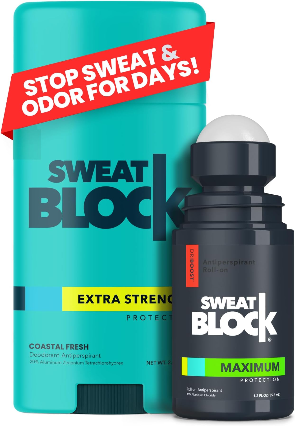 SweatBlock Antiperspirant Deodorant Max Clinical System for Men & Women. Treat Hyperhidrosis - Includes: (1) DRIBOOST [PM] Maximum Strength Antiperspirant Roll-on + (1) [AM] Clinical Deodorant