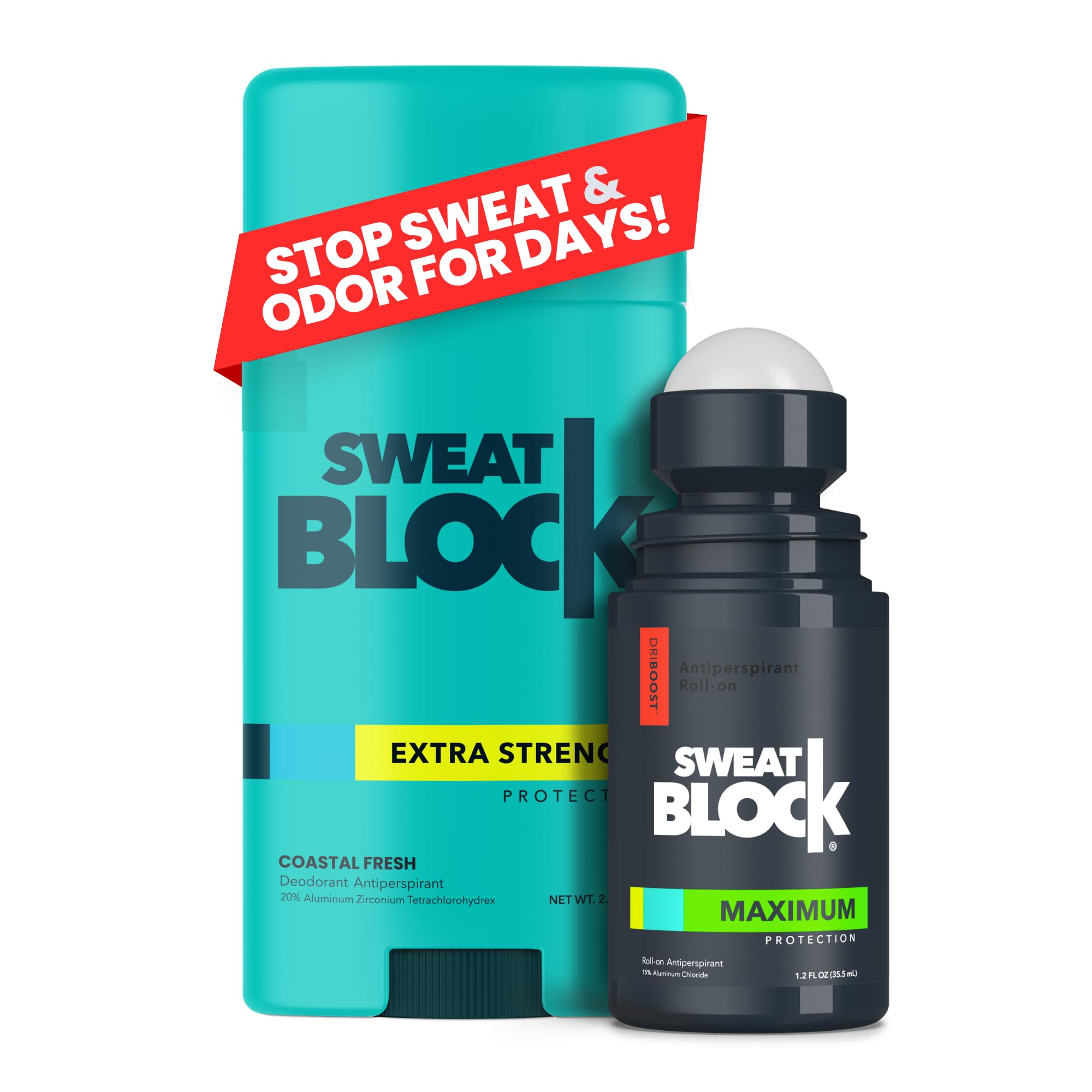 SweatBlock Antiperspirant Deodorant Max Clinical System for Men & Women - Treat Hyperhidrosis, Excessive Sweating & Underarm Odor - DRIBOOST [PM] Maximum Strength Roll-on + [AM] Clinical Deodorant