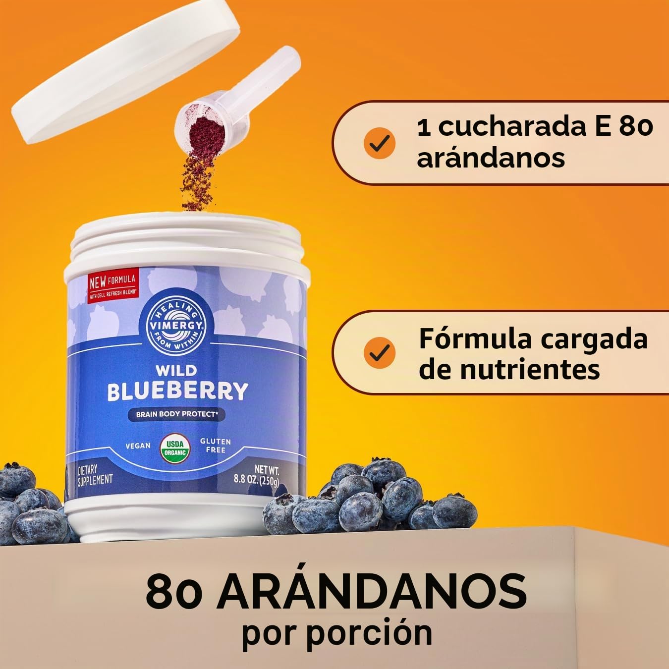 Vimergy Wild Blueberry Powder – 250g, 62 Dosis – Arándano Silvestre - Arándanos Silvestres en Polvo – Suplemento Vegano – Formulado sin Azúcares Añadidos ni Rellenos – Sin OMG ni Gluten