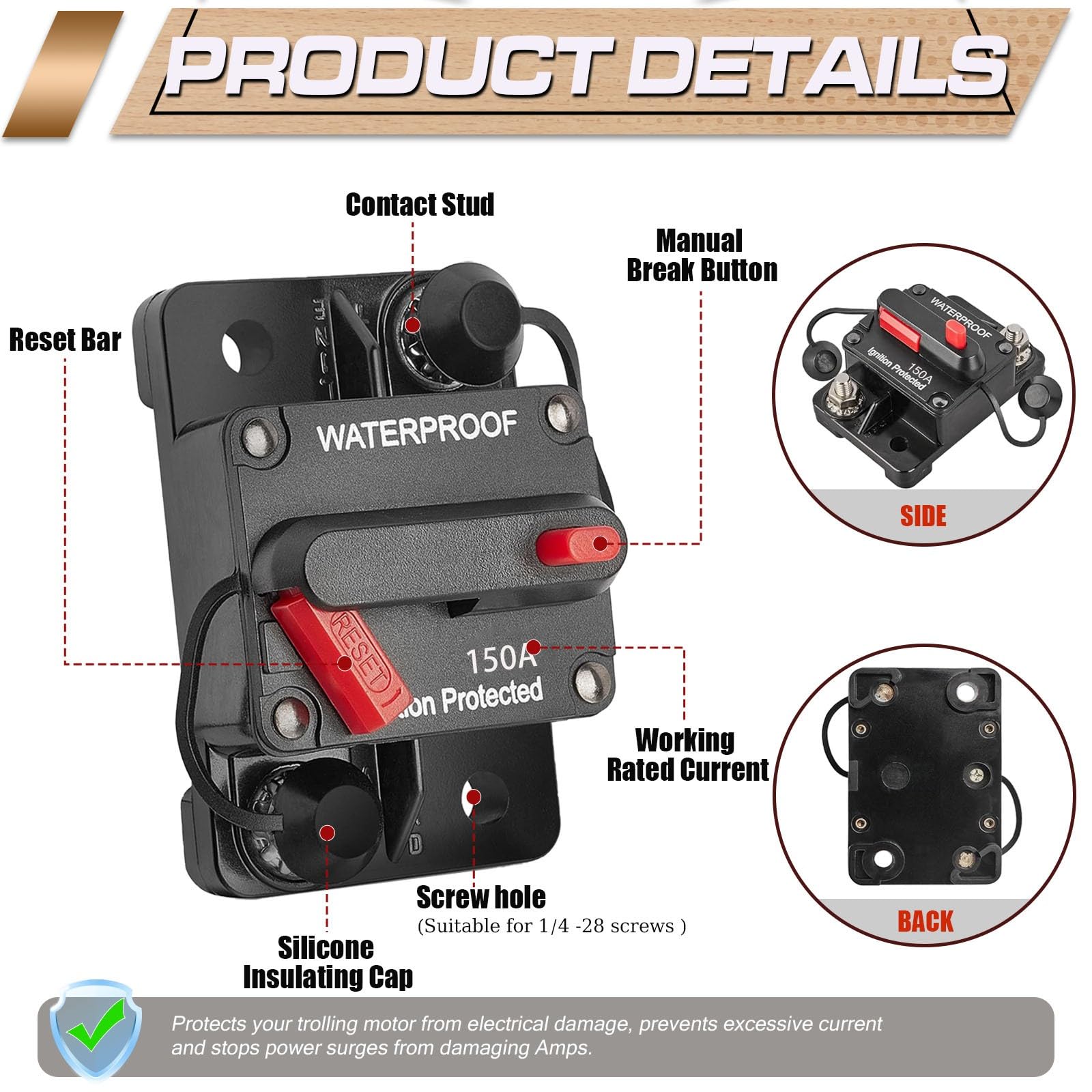 50Amp - Interruttore automatico impermeabile 100A con interruttore a ripristino manuale, portafusibile per solare domestico 12-24V per camion per barche marine RV per car