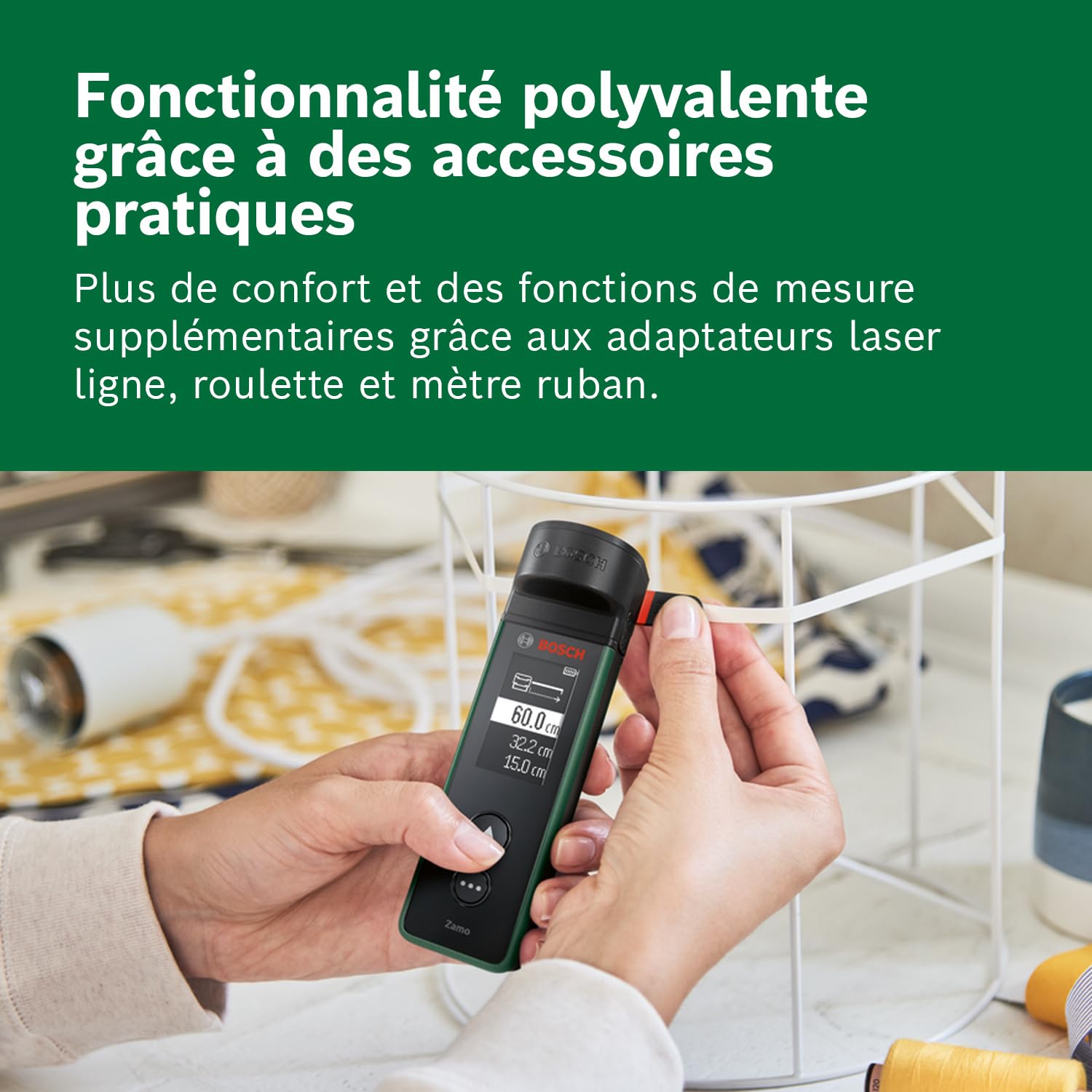 Bosch Télémètre Laser Zamo Set (portée jusqu’à 40 m, rechargeable USB‑C, mémorise 10 mesures, incl. adaptateurs ligne, roulette et ruban, piles AAA rechargeables et housse)