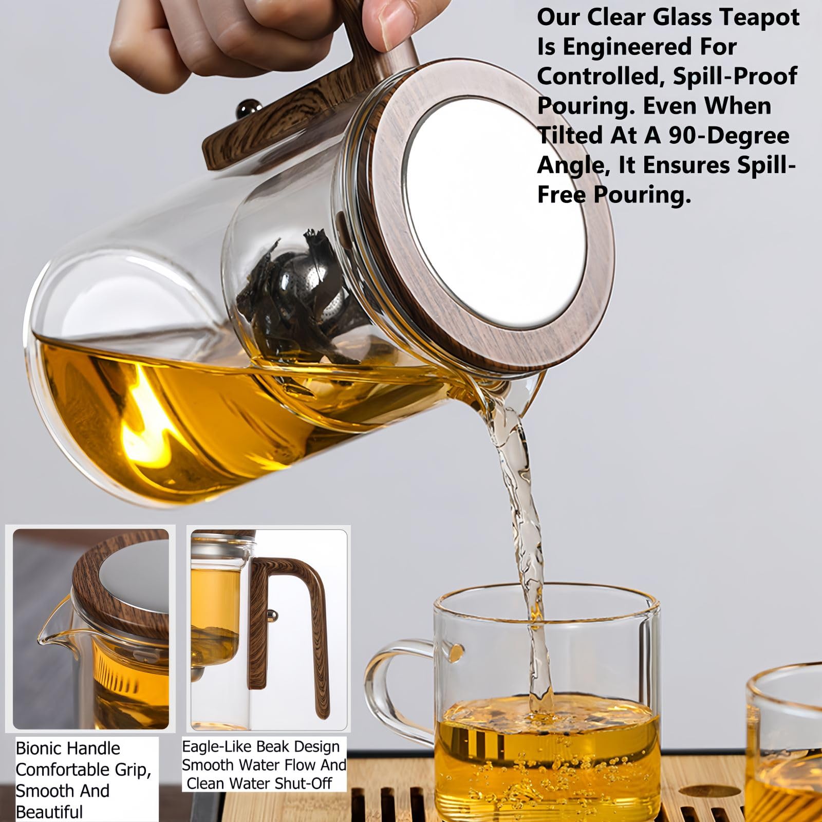 ThéIèRe En Verre Avec SéParation D'Eau Et Manche En Bois, ThéIèRe En Verre Avec Infuseur à Pression, ThéIèRe En Verre Transparent, Pour Thé En Fleurs Et Thé En Feuilles (700ML)