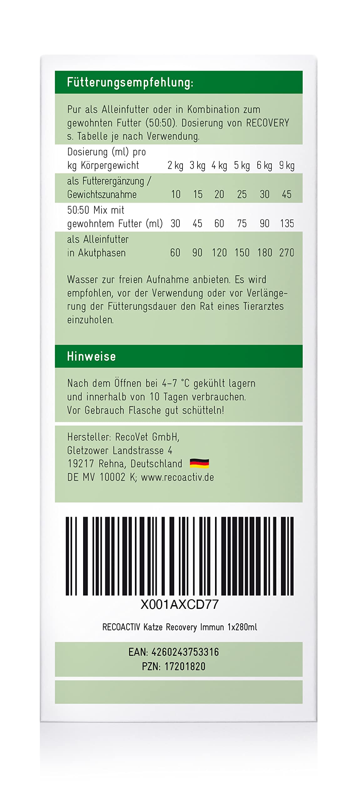RECOACTIV Recovery Immun Katze - hochkalorisch, sehr schmackhaft, zur schnellen Gewichtszunahme & bei Mangelernährung, in der Rekonvaleszenz & bei Nahrungsverweigerung, Diät-Alleinfuttermittel 280 ml