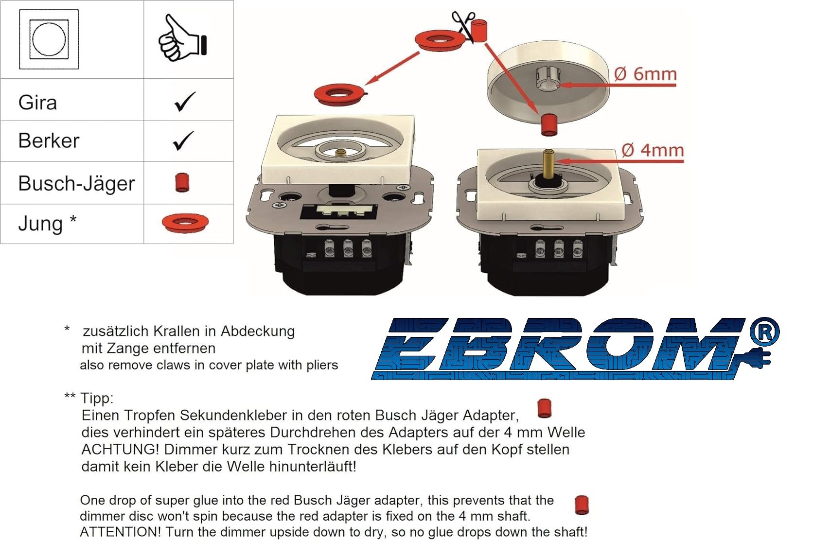 EBROM 1003 Universal ECO (2 unidades) Regulador de intensidad LED + Busch Jäger Dimmer Discos 2115-214 y pulsador de luz 2020 US en Reflex Si blanco alpino brillante, incluye comprobador de fase EBROM