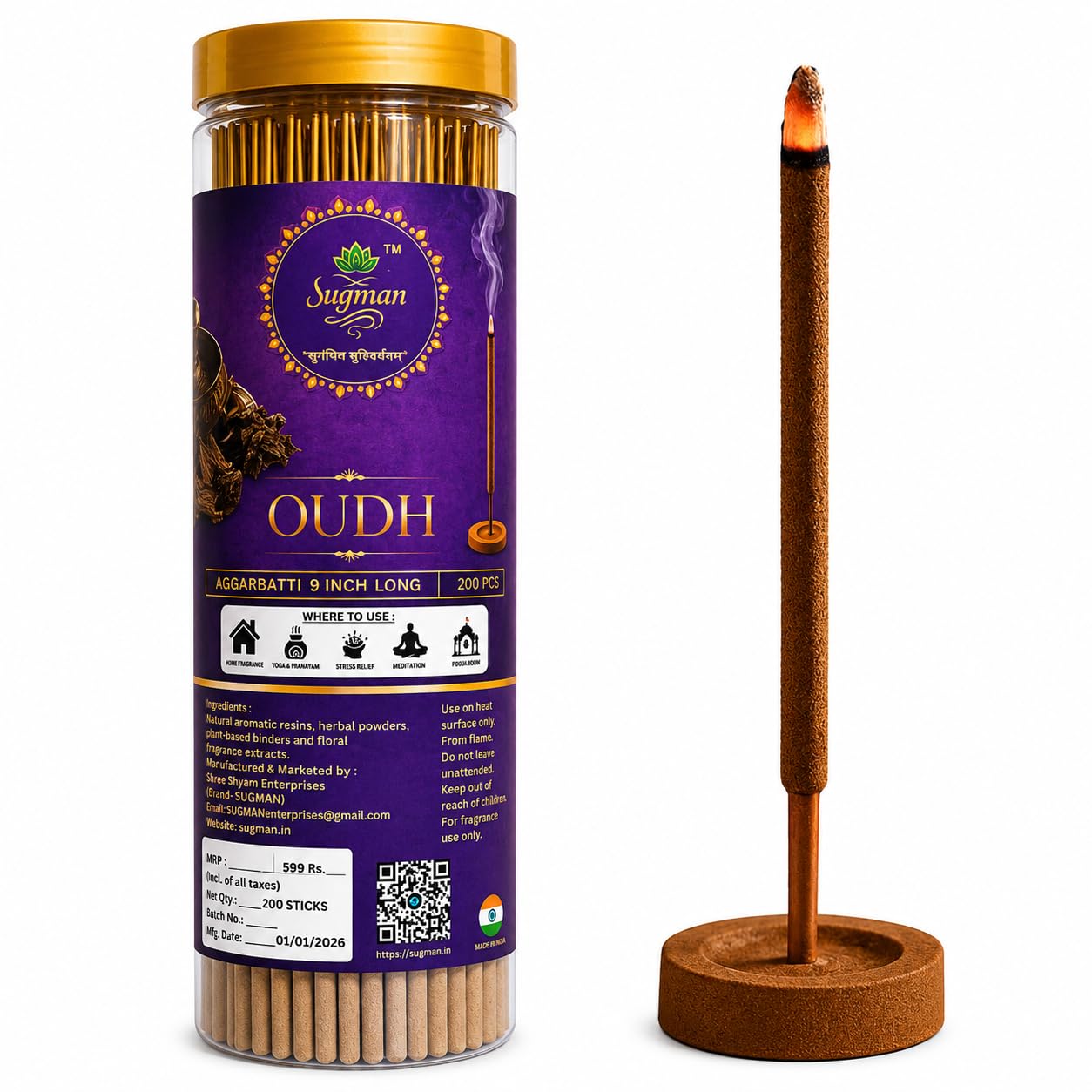 Oudh Incense Sticks | 9 Inch Long Agarbatti | 200 Pieces | Charcoal Free | Low Smoke & Rich Agarwood Fragrance | Natural Herbal Incense with Ceramic Stand for Pooja, Meditation & Home Fragrance-image-13