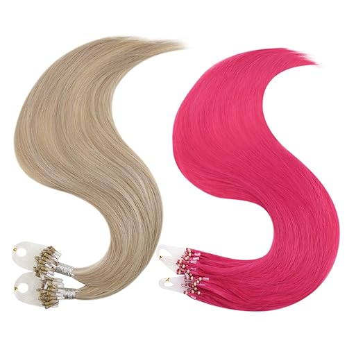 RUNATURE Extensiones de cabello humano con microenlaces de color rosa intenso, 18 pulgadas, 25 hebras y rubio ceniza, micro enlaces para mujer, 1.76
