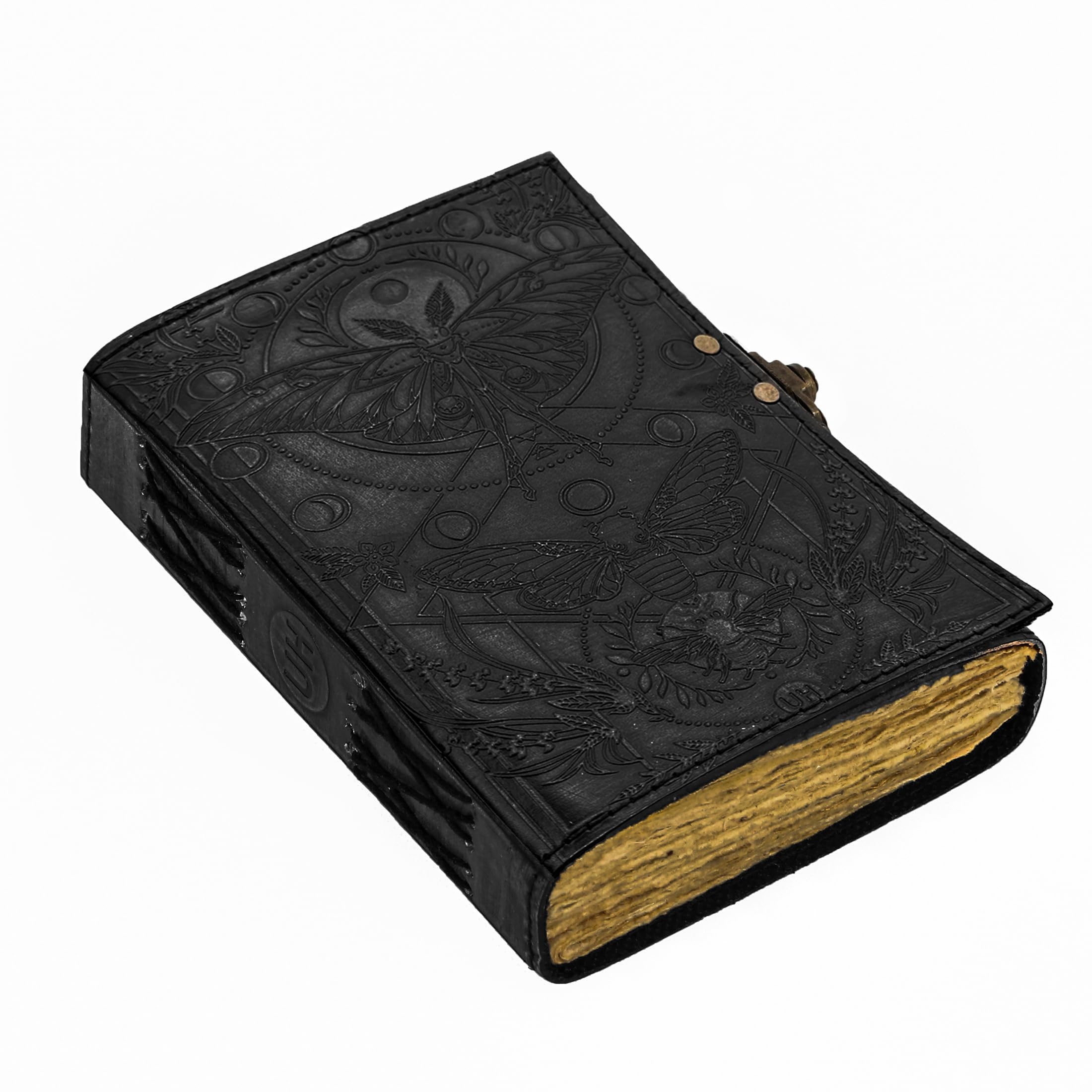 Blank Spell Book of Shadows Journal with Lock Clasp Vintage Handmade Leather Luna Moths and Morpho Butterfly Embossed Diary Prayer Pagan Witchcraft