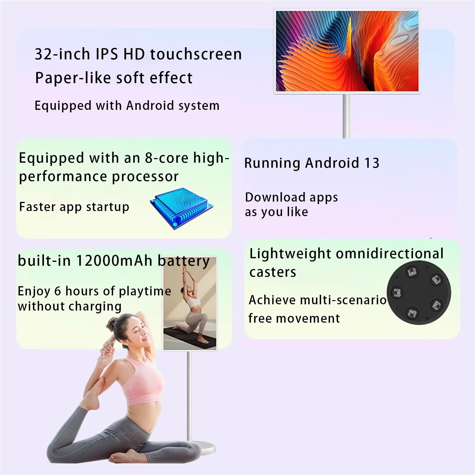 32 Pollici Tv Portatile con Piedistallo 1080p, 8GB+128GB Android 13, Rotabile con Regolazione Angolazione Smart Touch Tv Portatile, Batteria Integrata da 12000 MAh