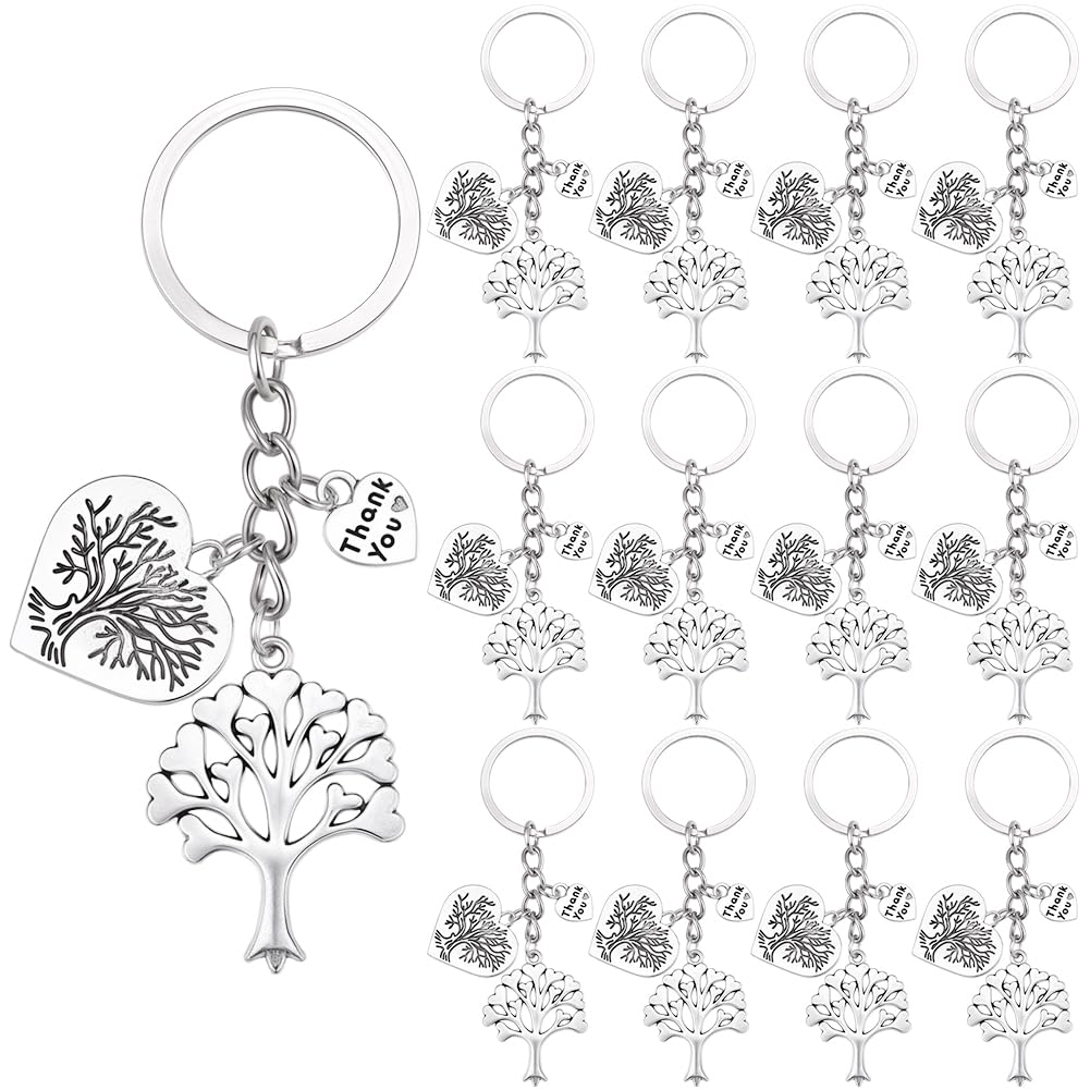 SUNNYCLUE 1 Box 20pcs Tree of Life Keychain Bulk Family Reunion Keychains Bulk Antique Silver Family Tree Friendship Word Key Chain Set with Thank You Heart Charm for Party Favor Women Decoration Gift