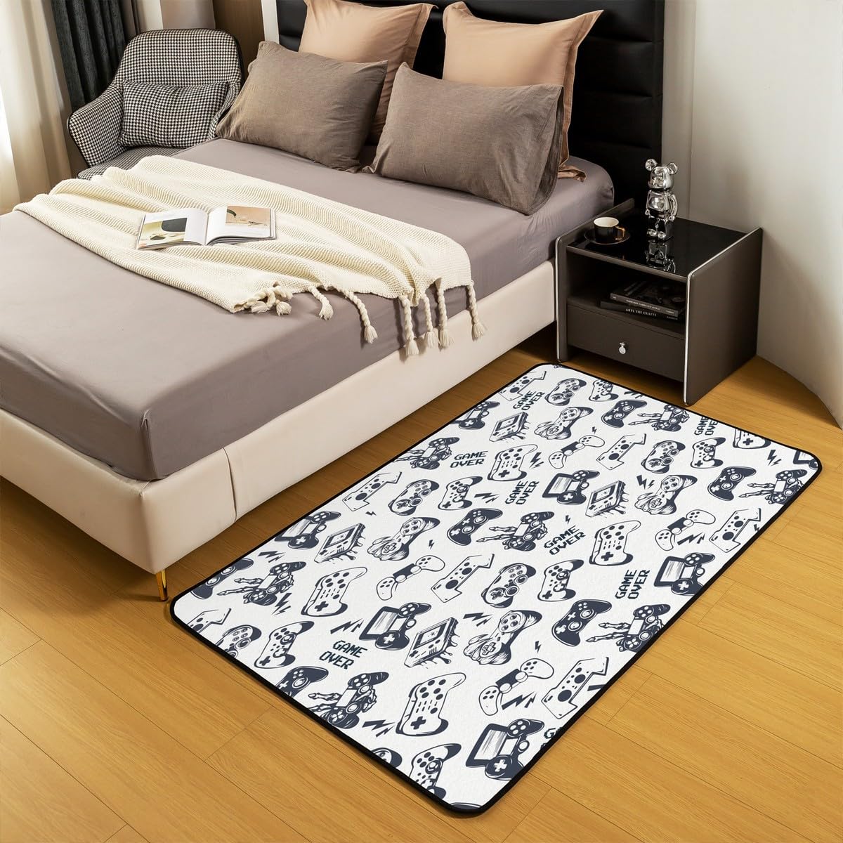 Loussiesd Dywan do salonu dla graczy, 100 x 150 cm, gamingowy dywan akcentujący dla chłopców, dziewcząt, nastolatków, nowoczesny kontroler konsoli do gier, mata podłogowa, joystick, biała wycieraczka,
