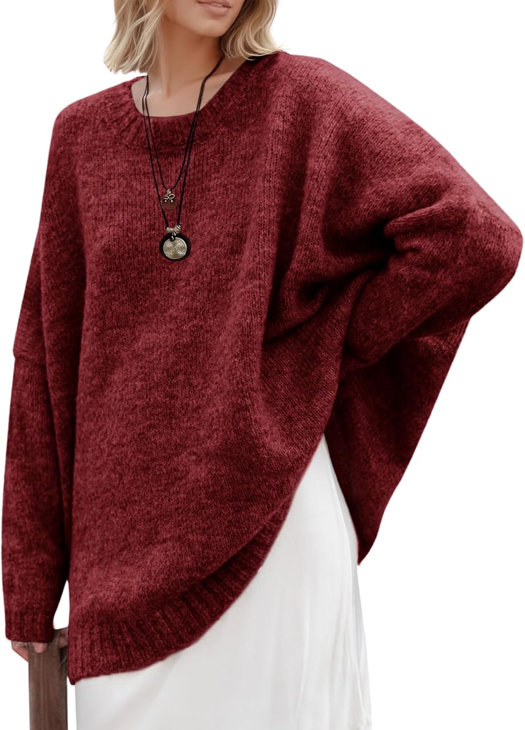 Saodimallsu Womens Oversized Tunic Sweaters Long Sleeve Crew Neck Chunky Knit Slouchy Casual Pullover Sweater Tops Burgundy