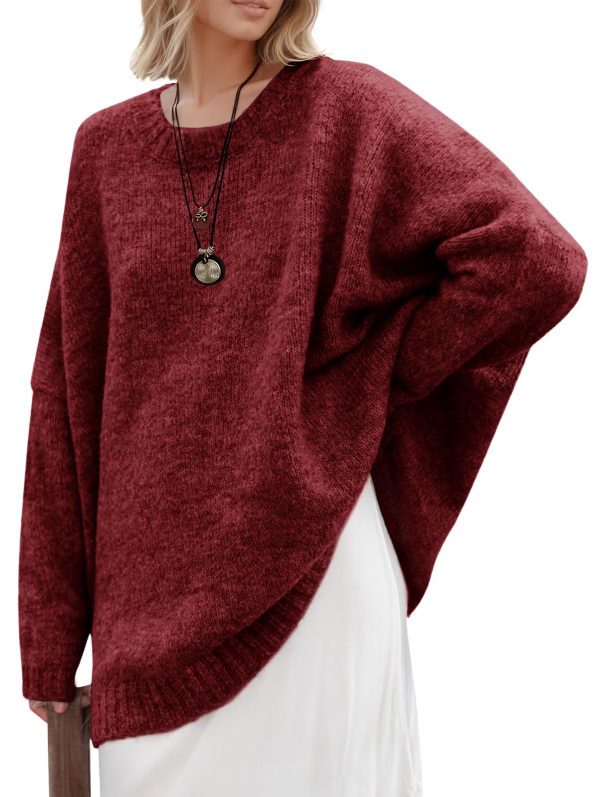 Saodimallsu Damen Overzised Rundhals Pullover Chunky Strickpullover | Casual Langarm Sweaters Strick Oberteile Einfarbig Elegant Winter Gestrickt Pullis longpullover