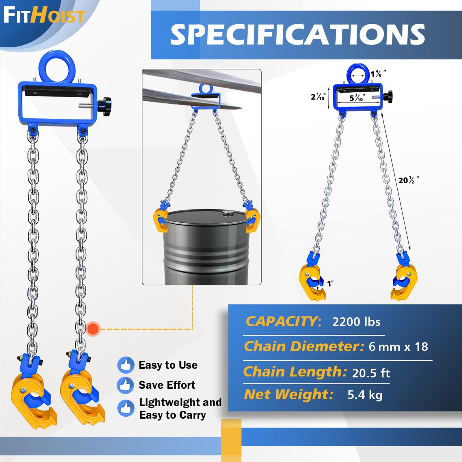 FITHOIST Updated Chain Drum Lifter | 2200 lbs Vertical Drum Lifter Chain  Sling with Self-Lock