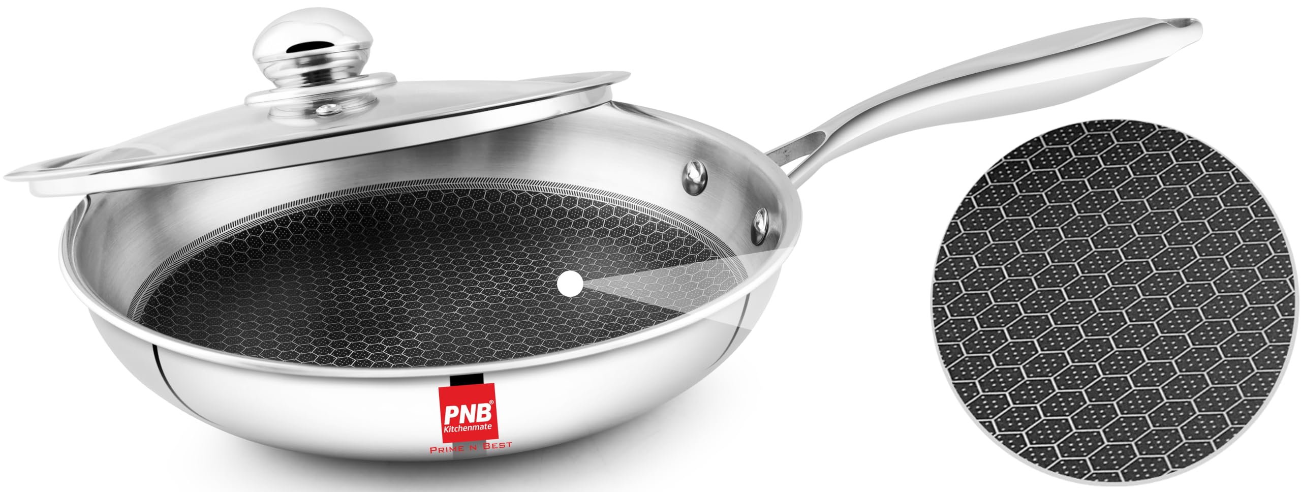 PNB Kitchenmate Honeycomb Hybrid Frying Pan with Lid 20cm Metal Spoon Friendly Induction and Gas Compatible-image-6