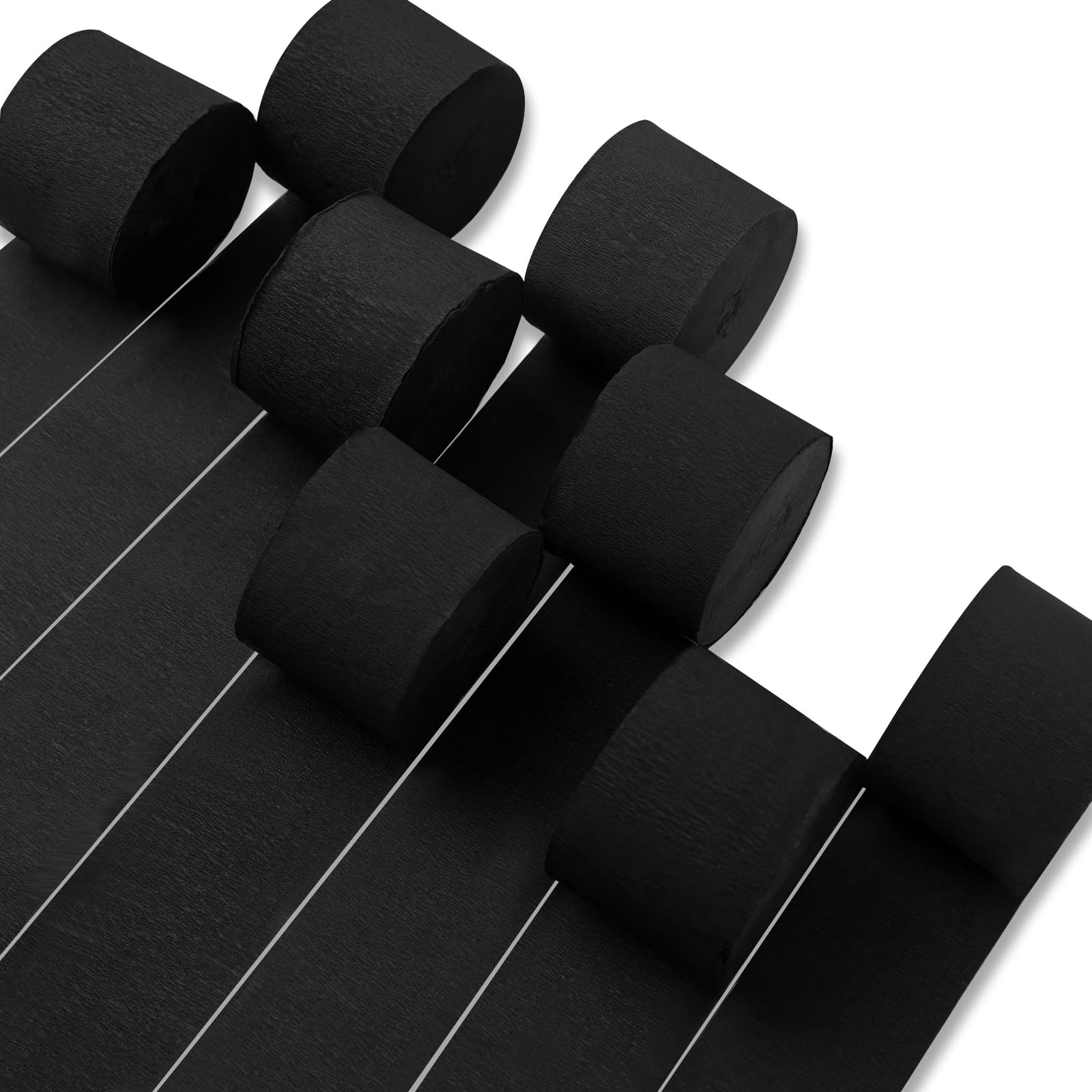 PartyWoo Crepe Paper Streamers - 8 Rolls, 656ft Matte Black, Perfect for Birthday &amp; Wedding Decorations (1.8 Inch x 82 Ft/Roll)