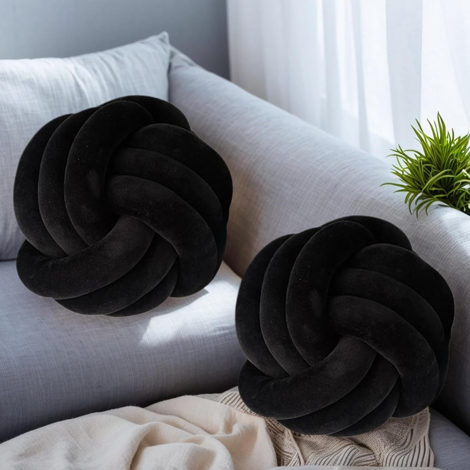 2 Pcs Knot Pillows, Black Knotted Ball Pillow Plush Throw Pillows for Bed Sofa Couch, 11" Decorative Round Pillow Cushions