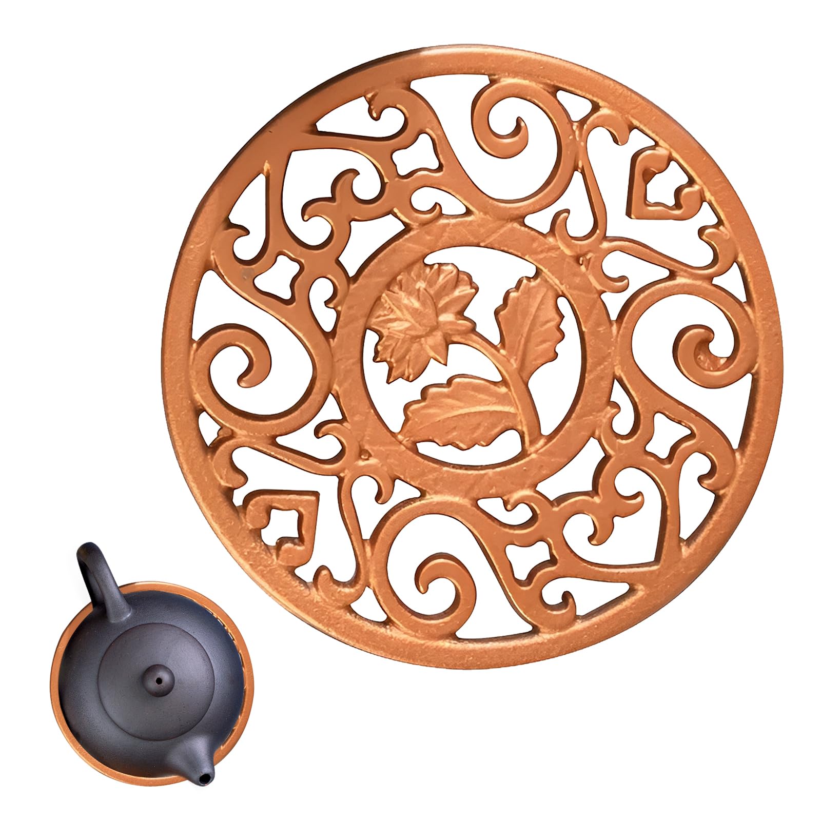 11.5CM Round Cast Iron Trivet, Non Slip Tea Pot Carved Stands Delicate Vintage Pattern Hot Pan Stand Teapot Stand Compact Tea Pot Stands for Protect Desktop Table Kitchen Dining Decor