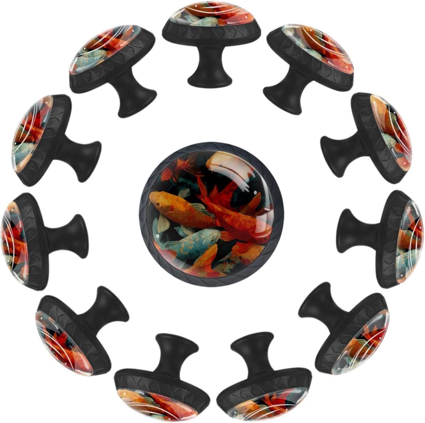 Black Base Fish. Koi Carp Pattern (12) Printed Drawer Pulls, Durable Cabinet Knobs for Wooden Cabinets & Drawers
