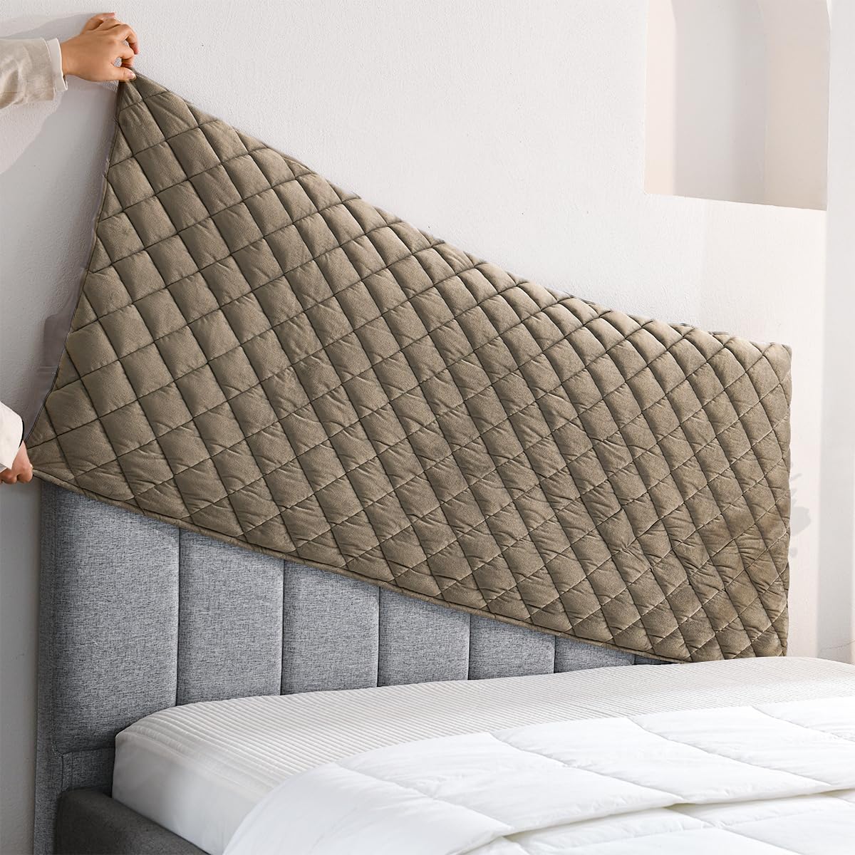 Velvet Bed Headboard Cover Slipcover - Stretch Quilted & Thicken Dustproof Protector for Queen/King, Washable Decorative Headboard Cover for Bedroom (Khaki, 59x27.5 inch)
