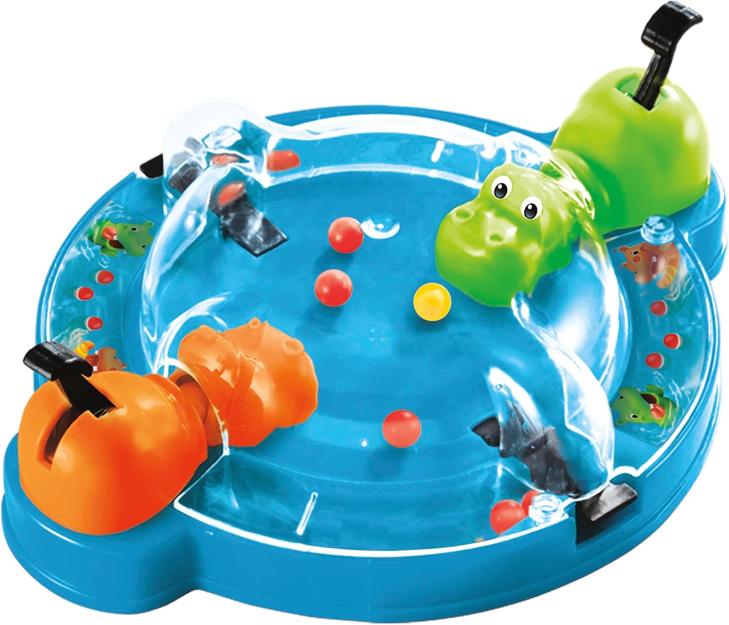 Game with voracious hippos on travel, portable 2 player game, travel game for children, contains 2 hippos