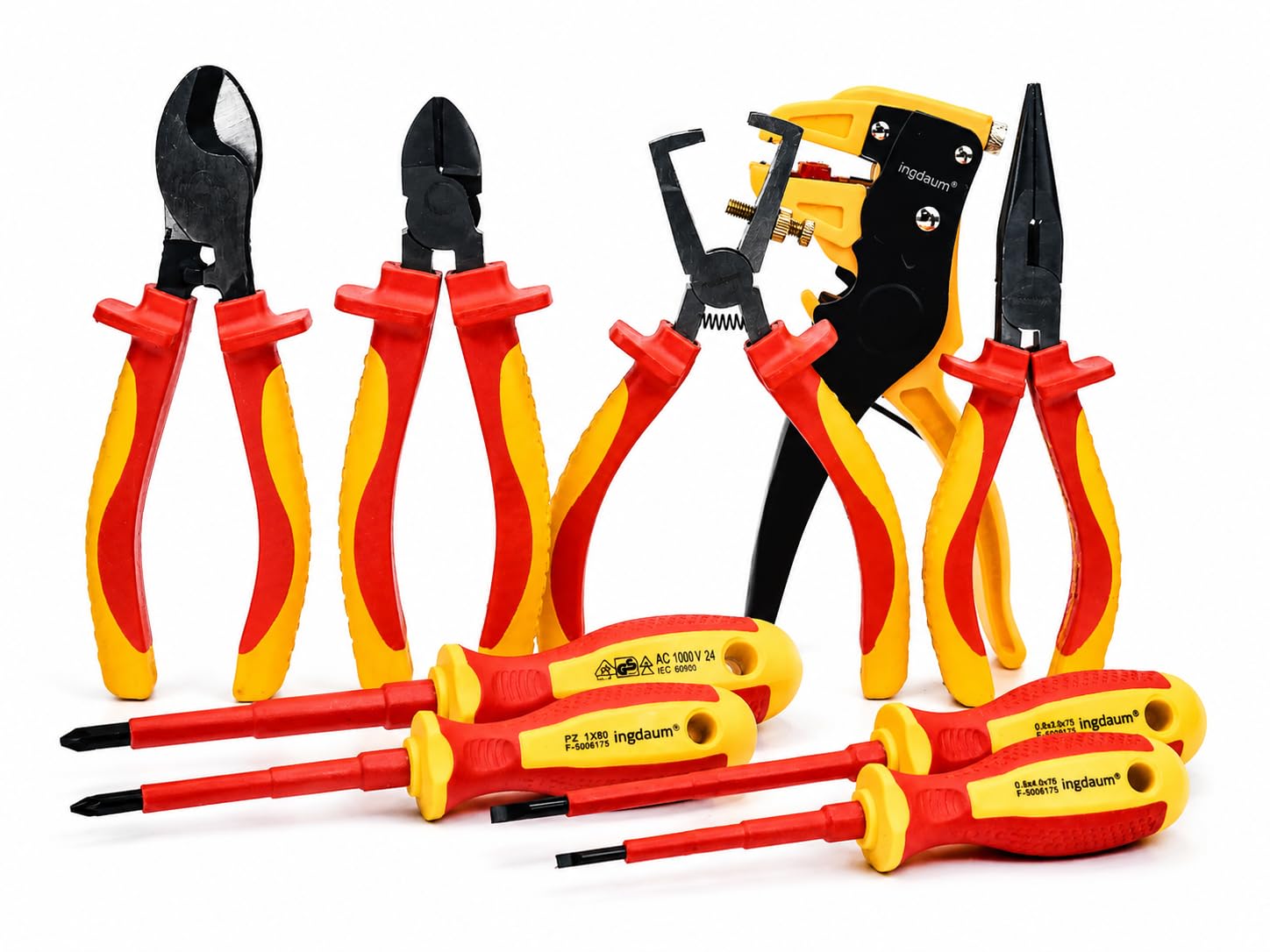 VDE Werkzeugset, 9-teilig, isoliert gg. 1000 V | Kabelschere, Seitenschneider, Spitzzange gerade 6", 2 Abisolierzangen, 2 Schlitz- und 2 PoziDriv/Kreuzschlitzschraubendreher