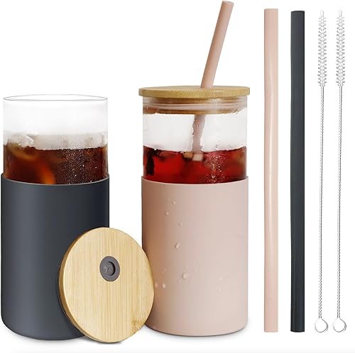Vaso de vidrio de 20 onzas con tapa y pajilla, 2 vasos de vidrio con funda protectora de silicona, vasos reutilizables para beber y café helado,