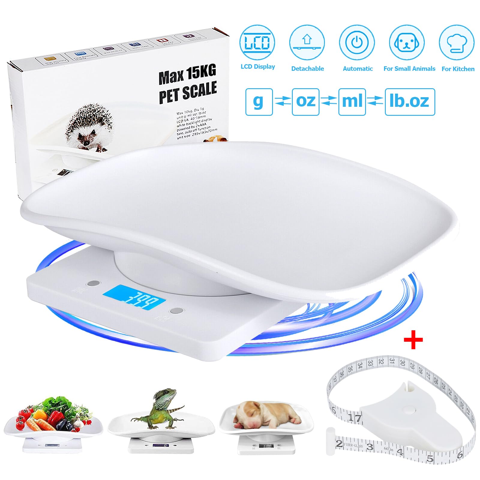 Bilancia elettronica per cuccioli, per gatti, 15 kg, per frutta e verdura, con metro a nastro, per gattini, cuccioli, criceti, uccellini, conigli