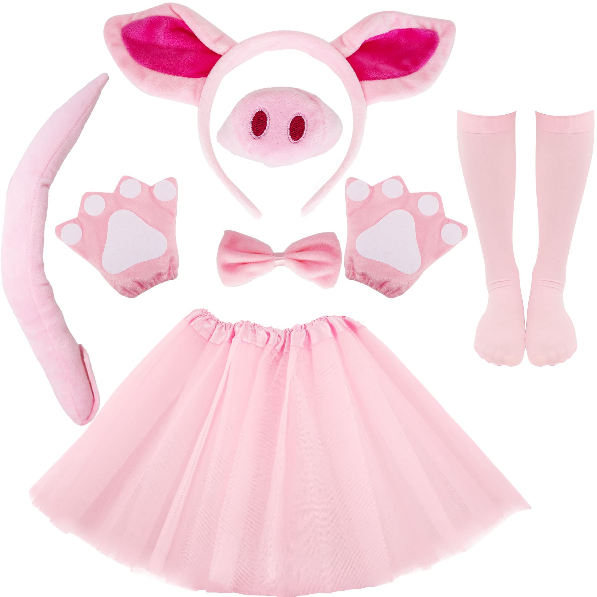 SGBETTER7 Pieces Pig Costume Set Pig Ears Headband Pig Tail Nose Bow Tie Gloves Tutu Socks Pig Costume Accessories for Pig Theme Party Halloween Cosplay Masquerades