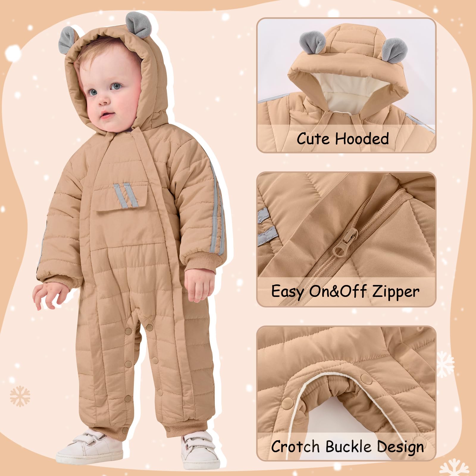 JiAmy Combinaison de Neige pour Bébé Garçons Filles, Barboteuse hiver Double fermeture éclair Grenouillère à Capuche Chaud Tout-petit pour 3-24 mois