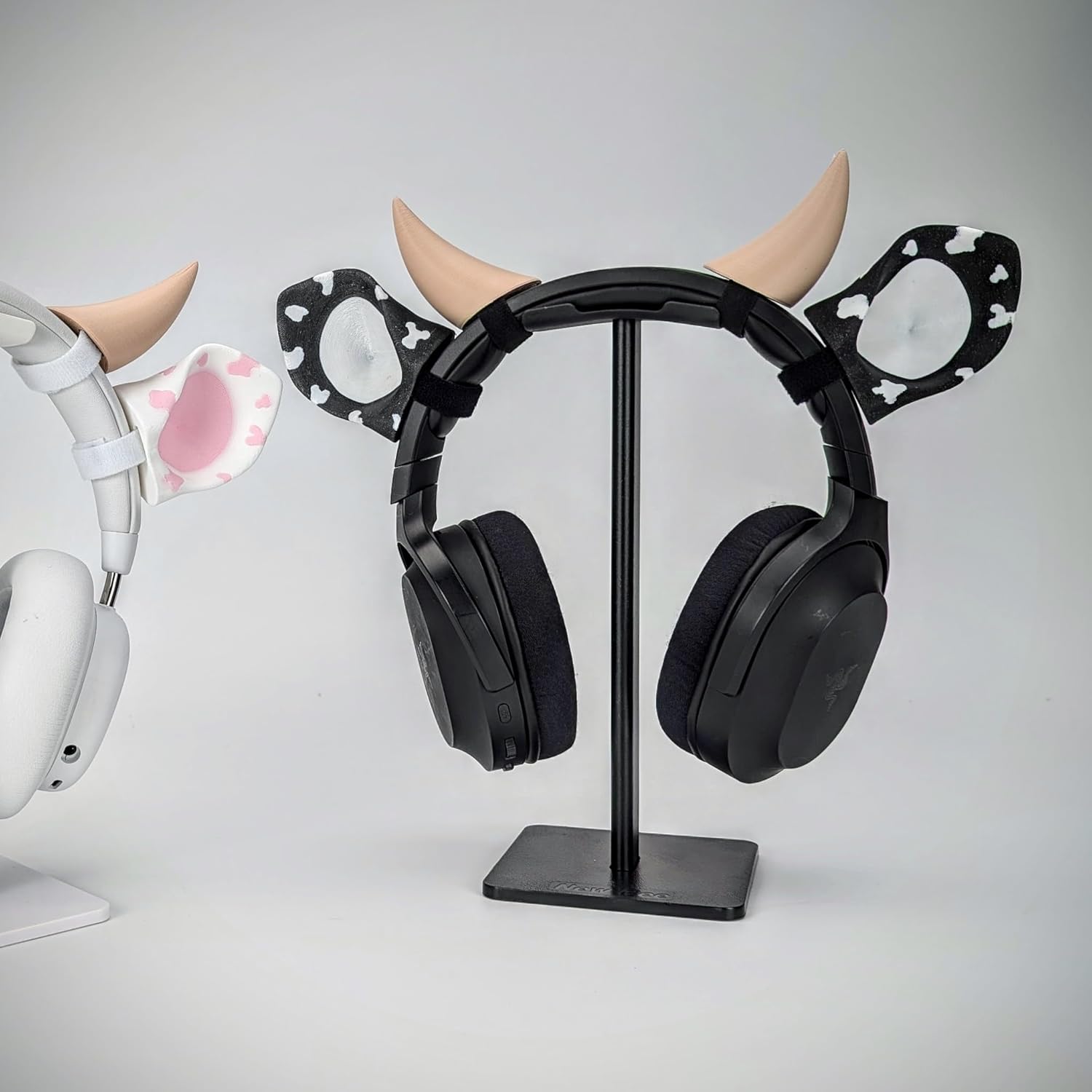 BeamTeam3D Cow Ears and Horns for Headphones, Cute & Fun Decorative Add-Ons for Gaming Headsets, Kids’ School Headphones, Compatible with Most Headphones (White/Pastel Pink/Pastel Pink)