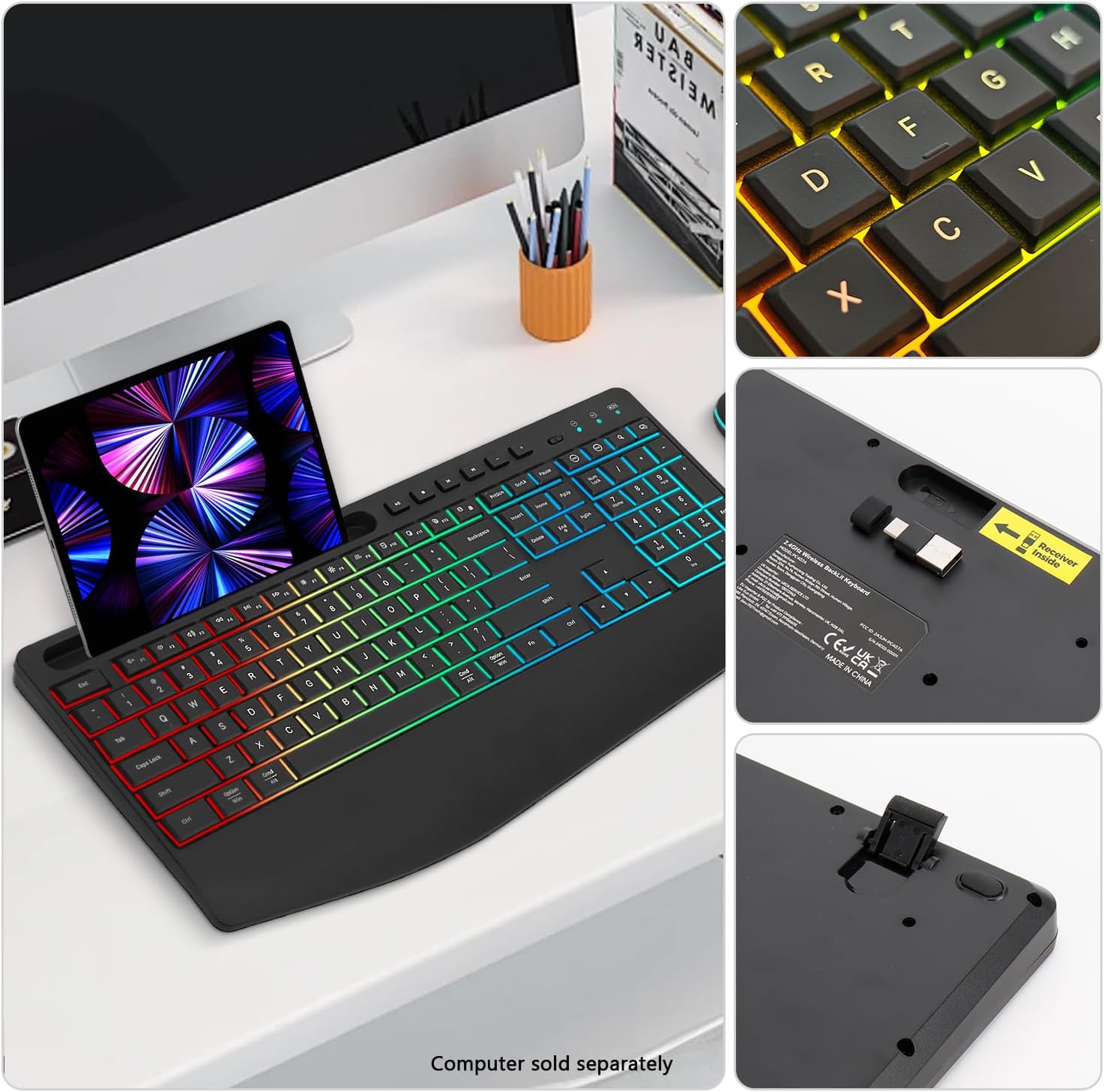 SaharaCase - Rechargeable Silent Wireless Keyboard & Mouse Combo | 106 Keys Ergonomic | RGB Backlight | USB & Type-C Adapter | Black