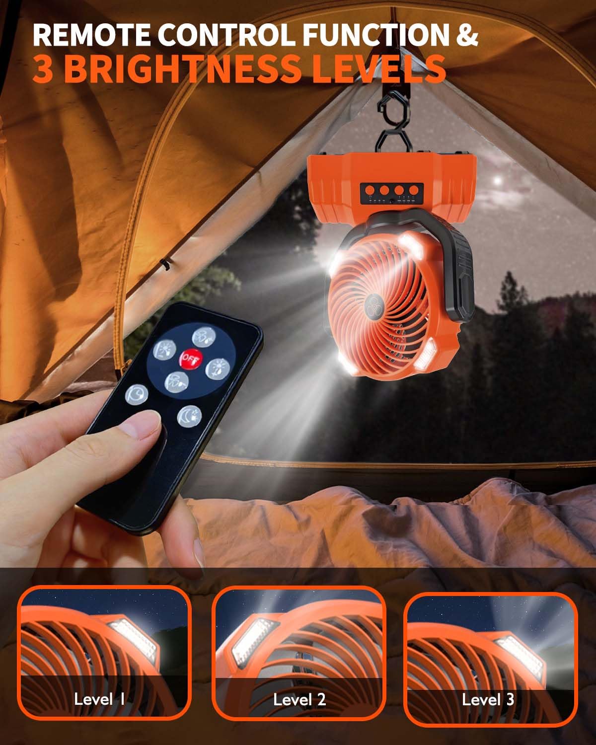 Trongle Ventilatore da campeggio con luce a LED e telecomando, 10000 mAh, ventilatore da tavolo ricaricabile auto-oscillante con gancio e custodia, ventilatore USB portatile, 4 velocità, timer