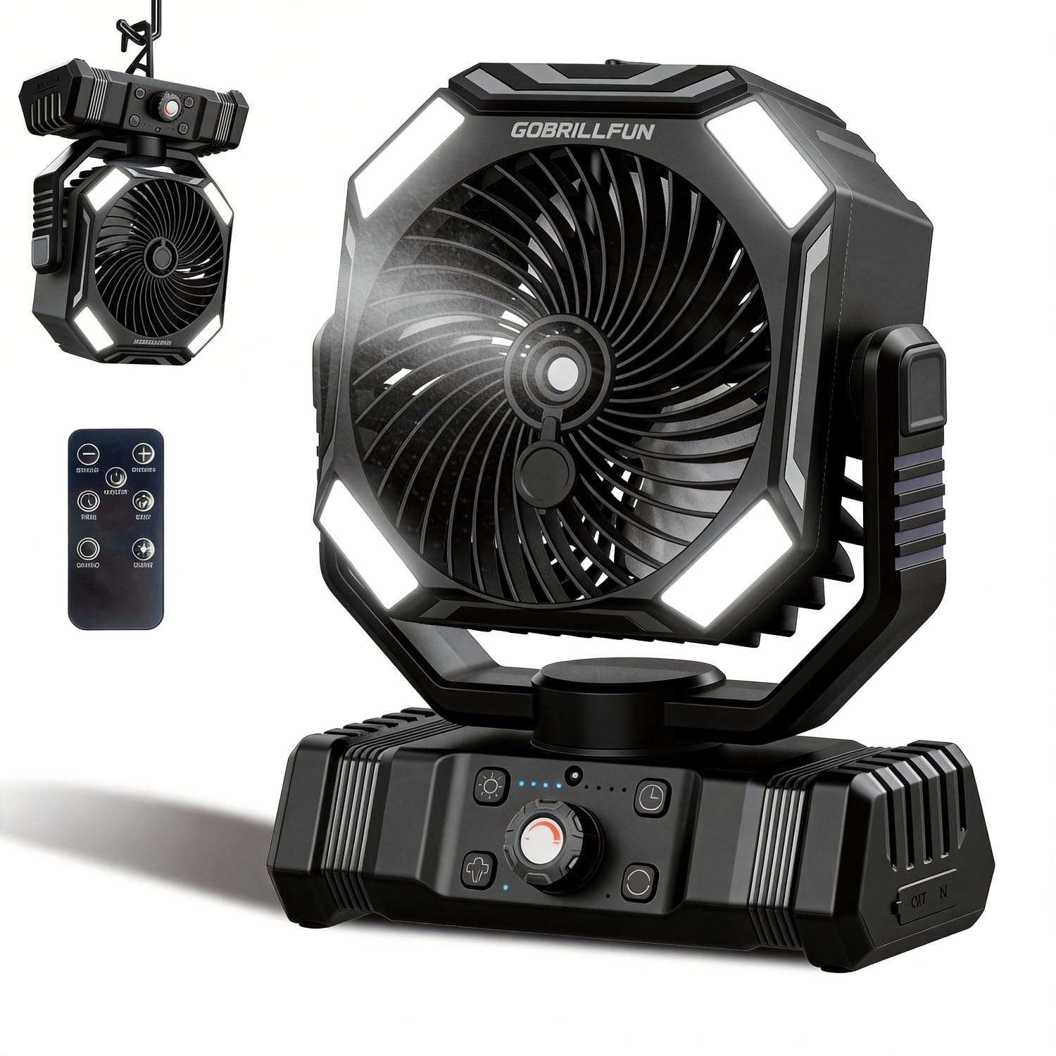 Ventilateur à Batterie avec Brumisation, Ventilateur Portable Rechargeable 10000mAh, Ventilateur Oscillant avec Réservoir 300mL, Télécommande, Lumière LED, Minuterie pour Camping Terrasse Plage Bureau
